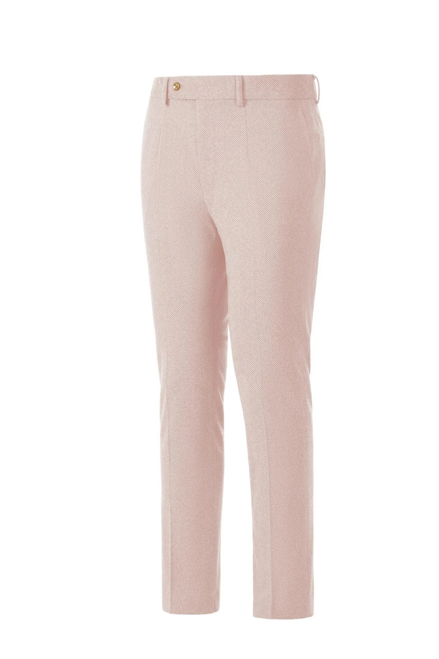 Side view of men's light pink herringbone business suit pants – featuring tailored fit and classic 2-piece style