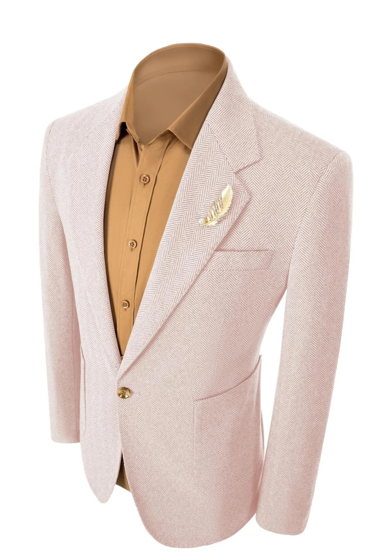 Left side view of men's light pink herringbone business blazer – emphasizing the refined tailored fit of the classic 2-piece