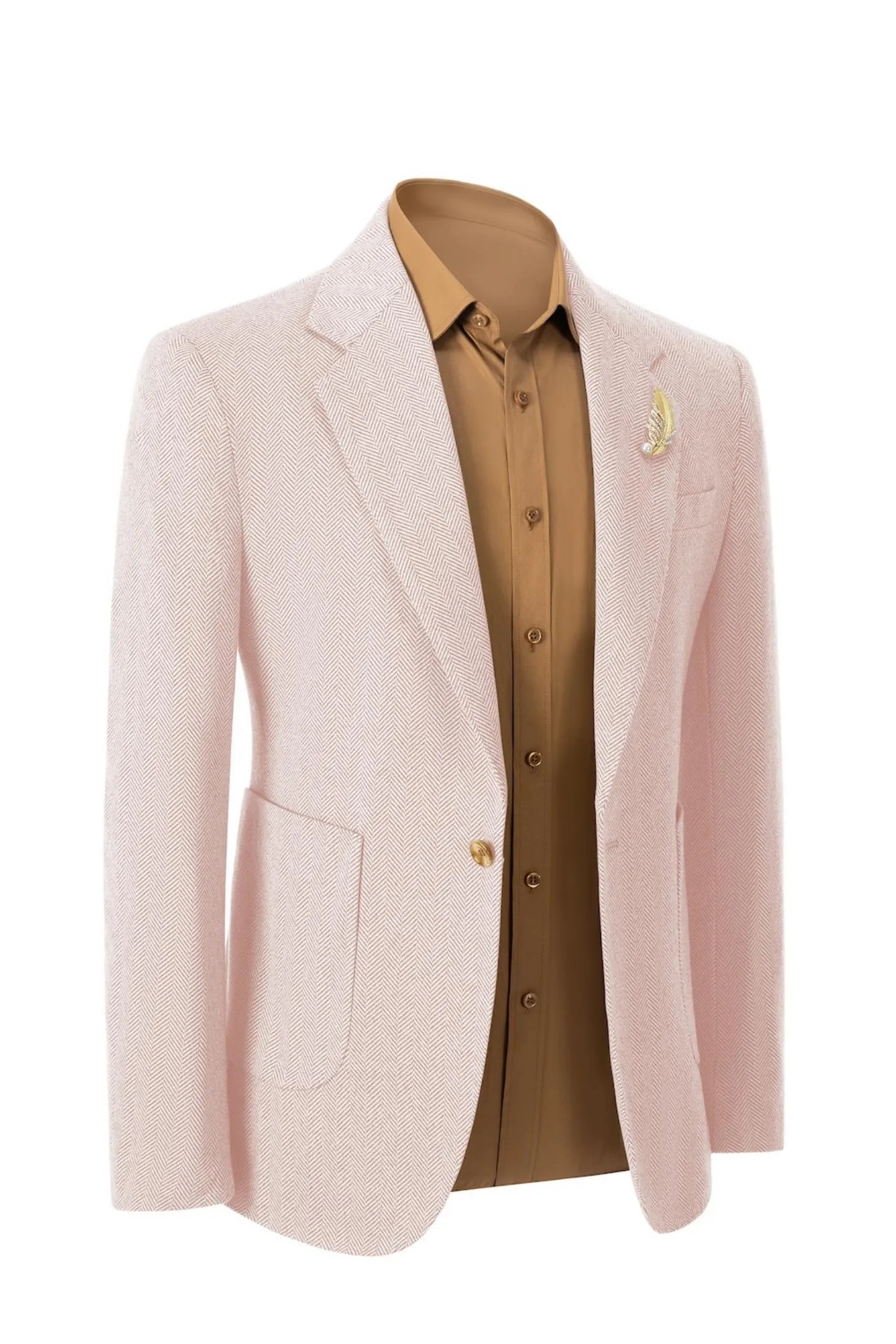 Right side view of men's light pink herringbone business blazer – highlighting the elegant 2-piece suit silhouette
