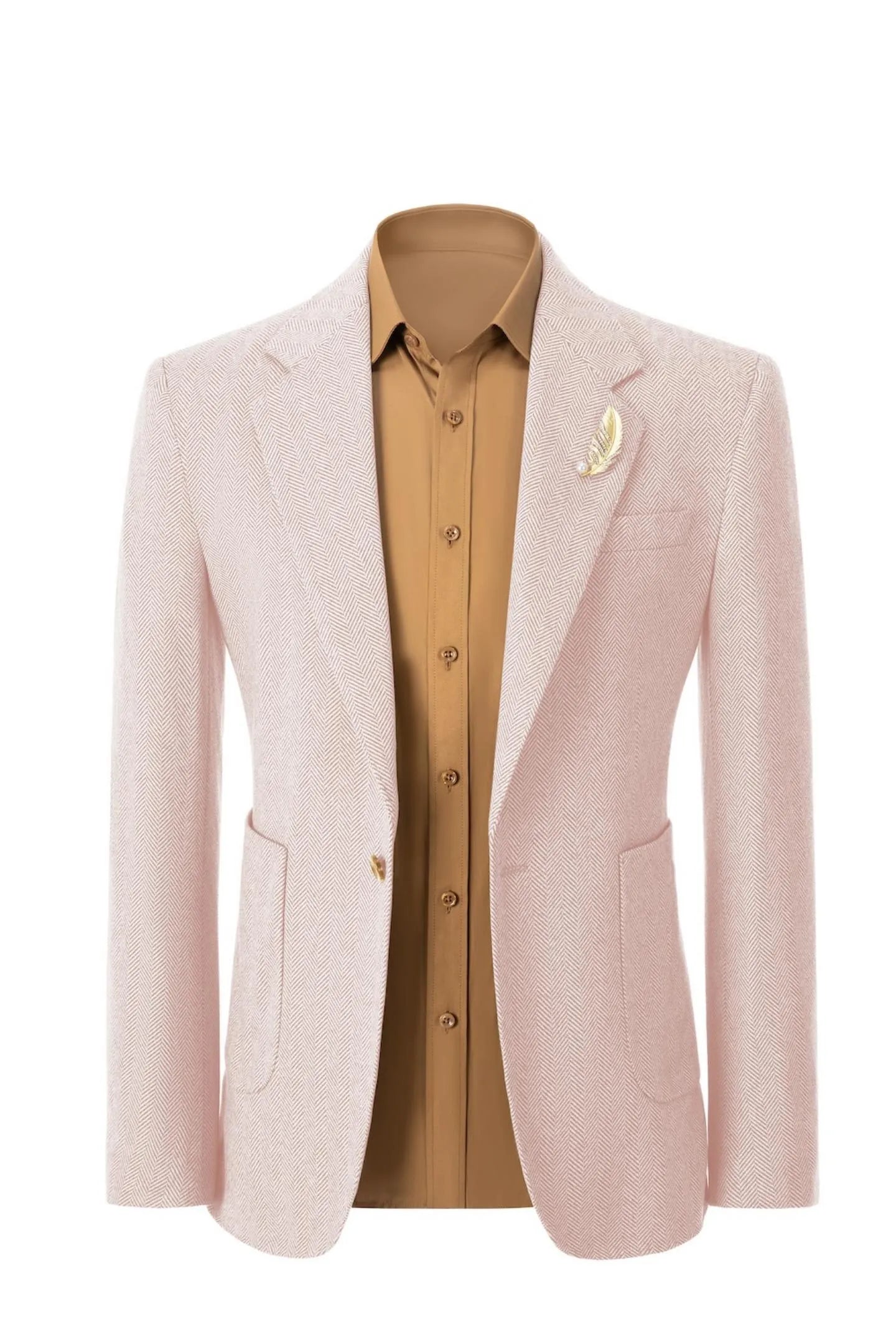 Front view of men's light pink herringbone business blazer – showcasing classic 2-piece suit style with tailored fit