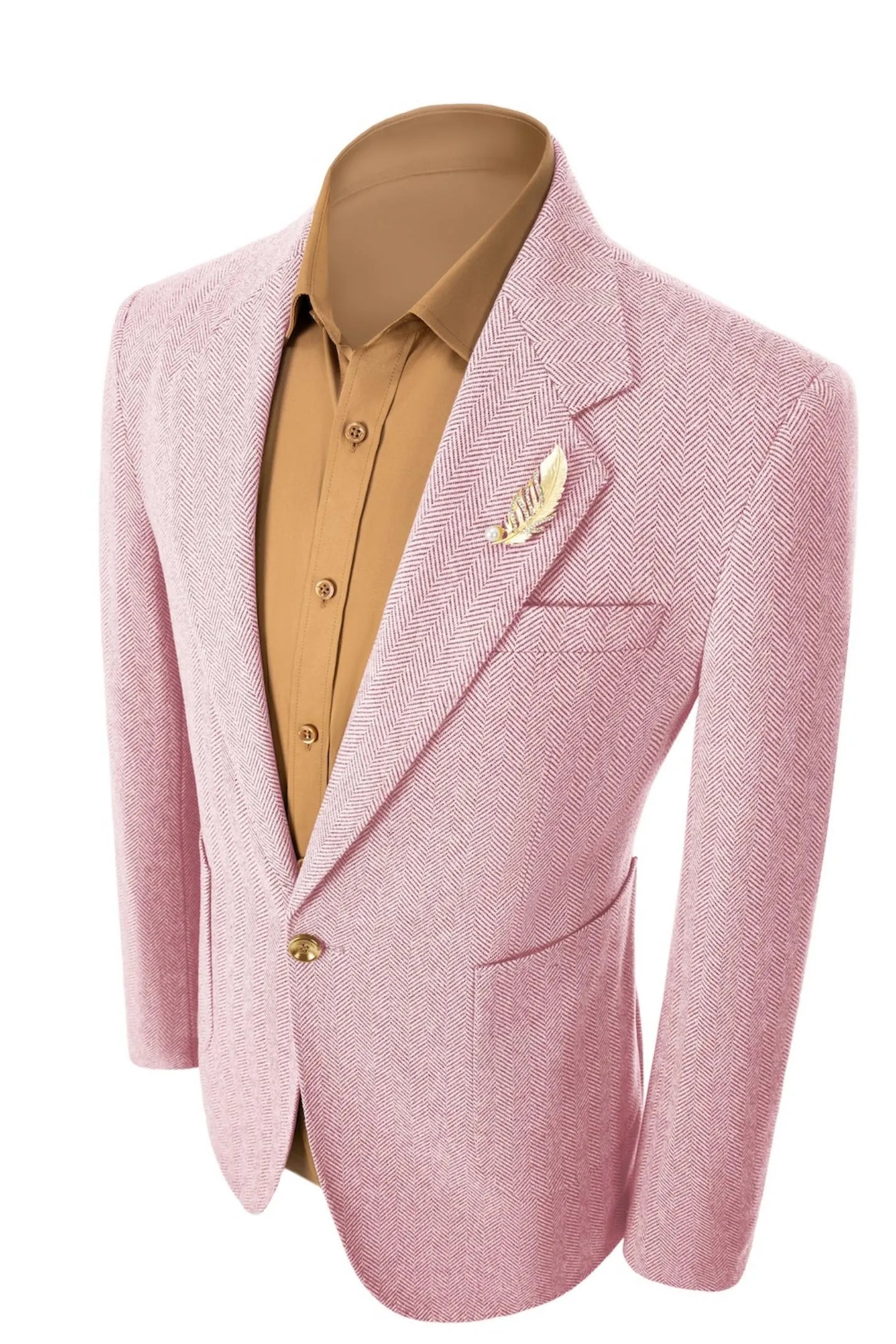 Left side view of men's pink herringbone business blazer – emphasizing the sleek and tailored 2-piece look