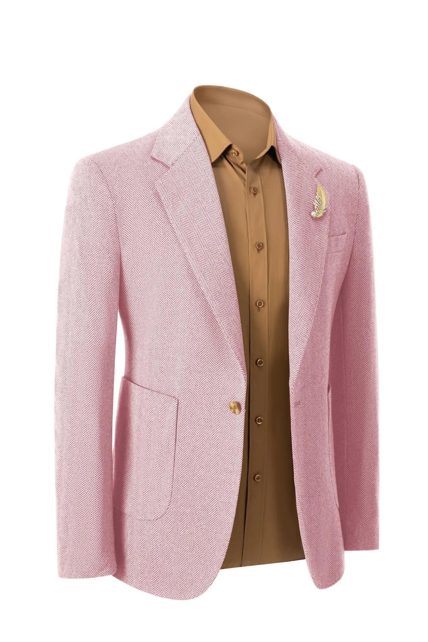 Right side view of men's pink herringbone business blazer – highlighting the classic 2-piece suit silhouette