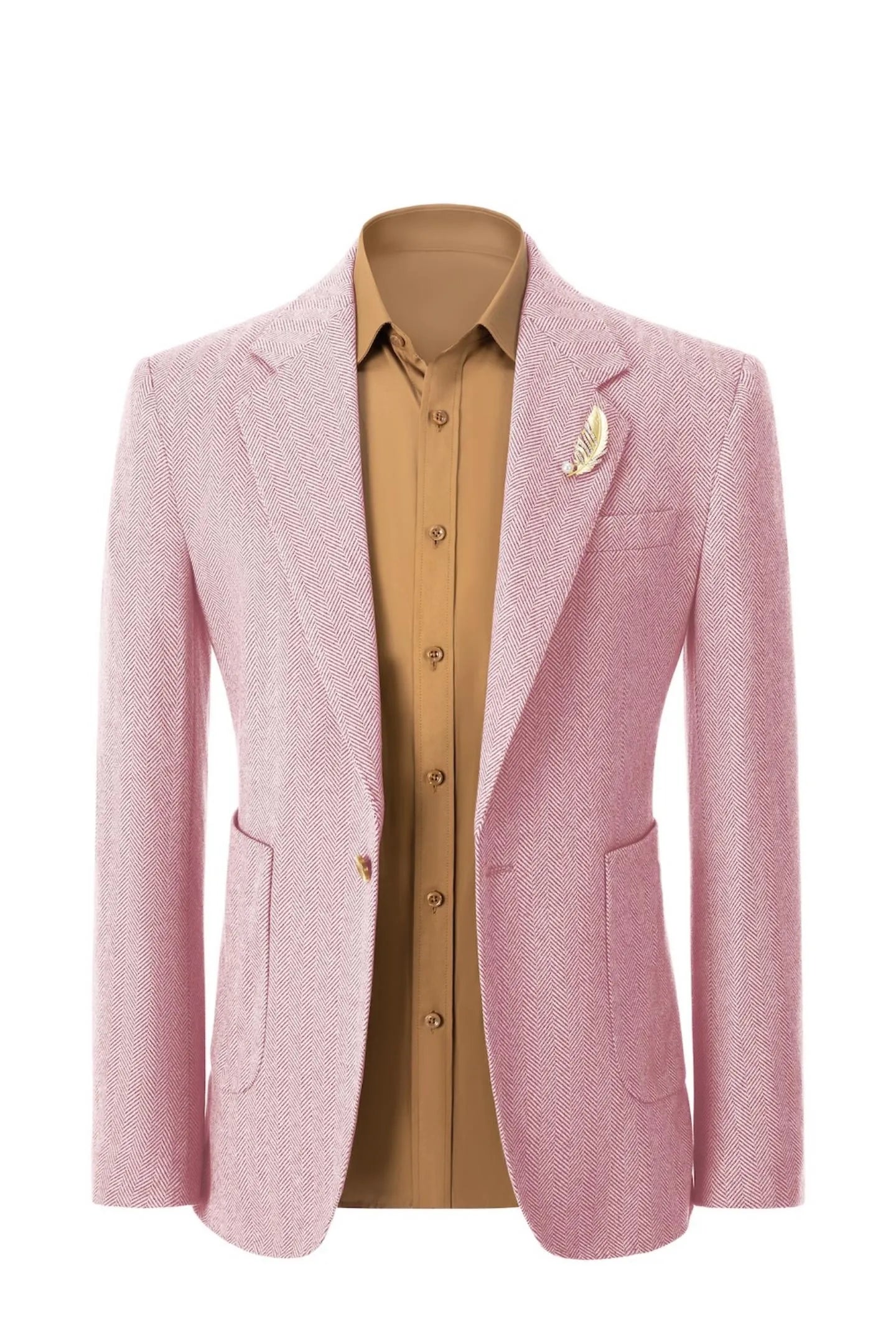 Front view of men's pink herringbone business blazer – showcasing classic 2-piece suit style with tailored fit