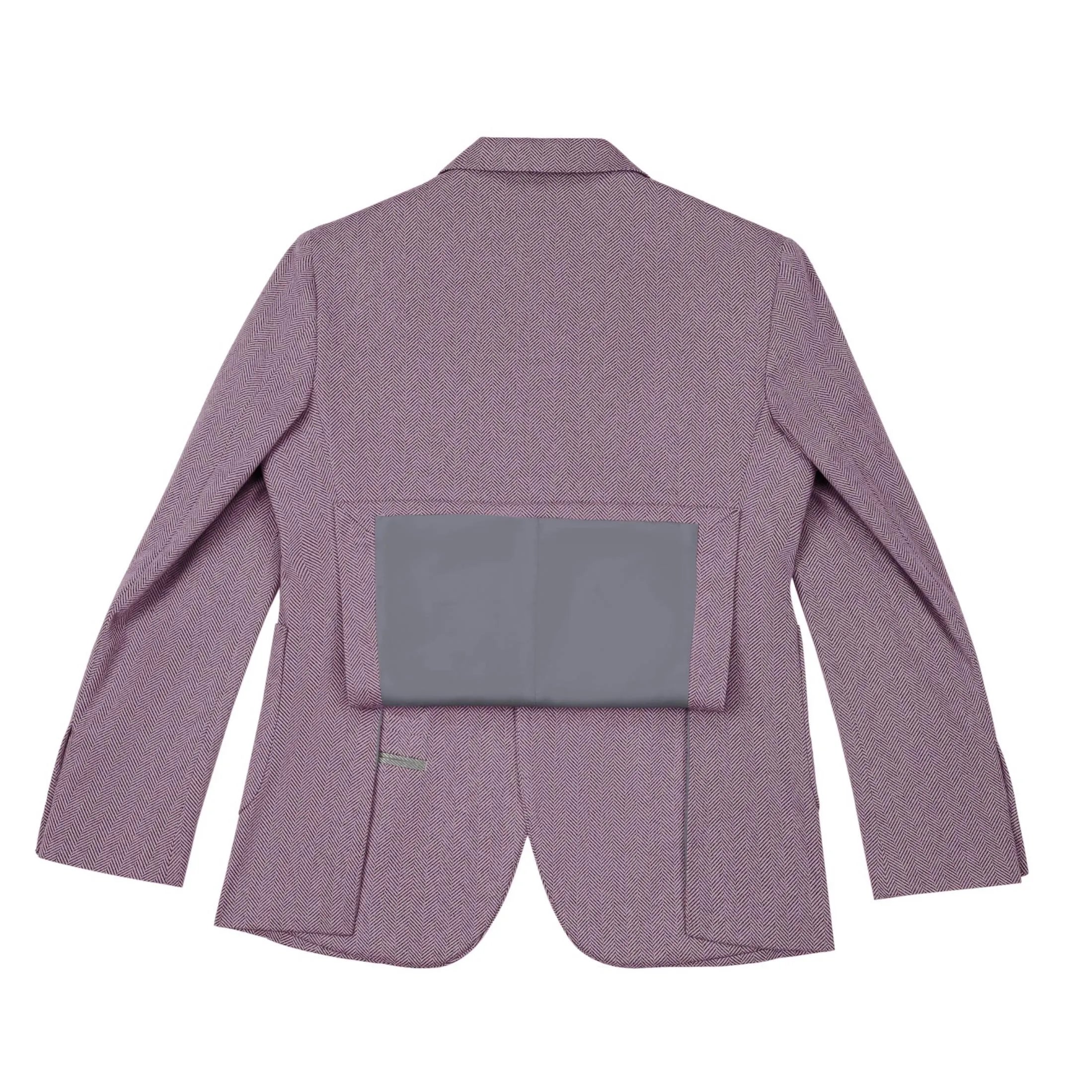 Inside view of men's purple herringbone business suit blazer – showing classic inner lining and refined tailoring