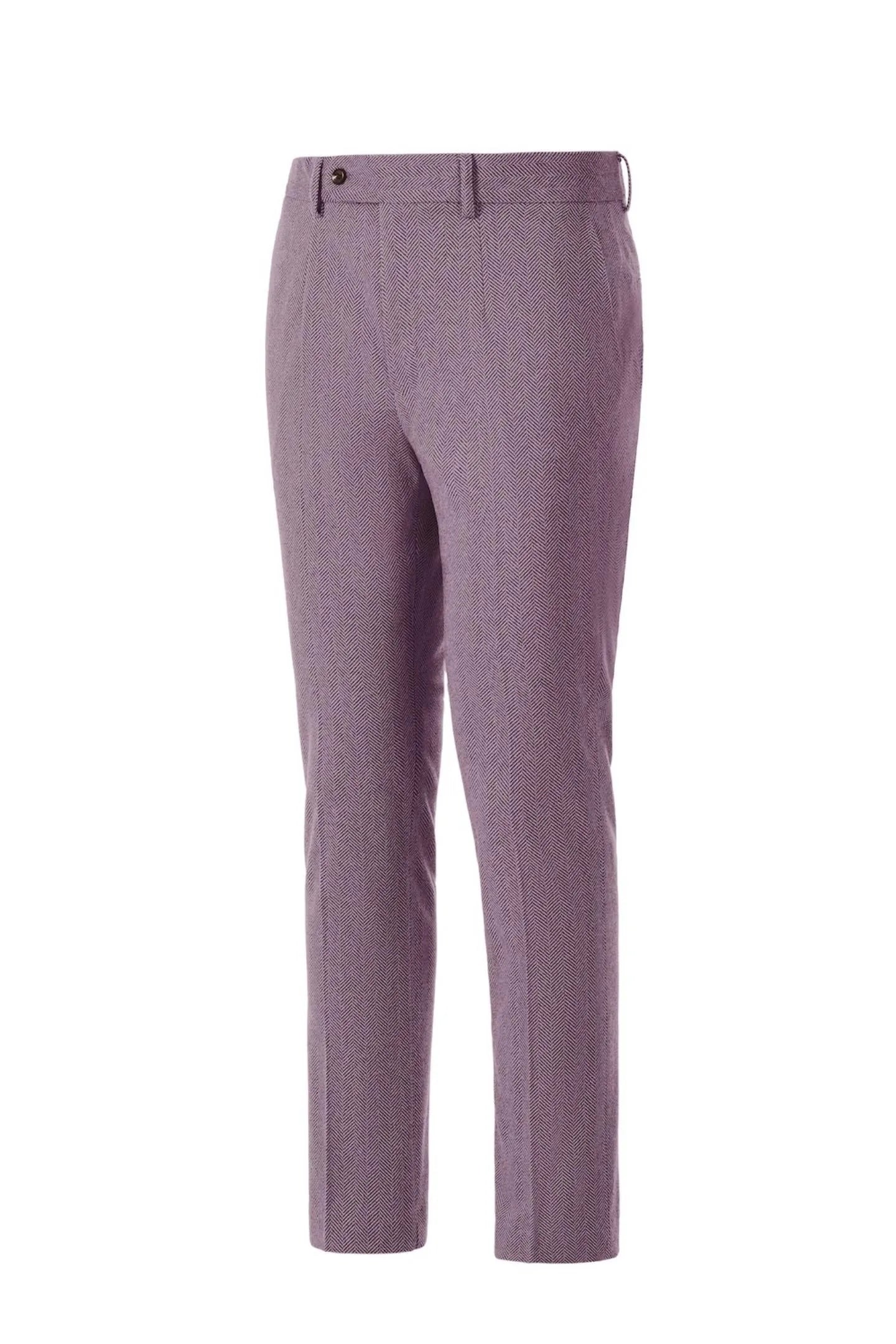 Side view of men's purple herringbone business suit pants – showcasing sleek, tailored 2-piece suit fit