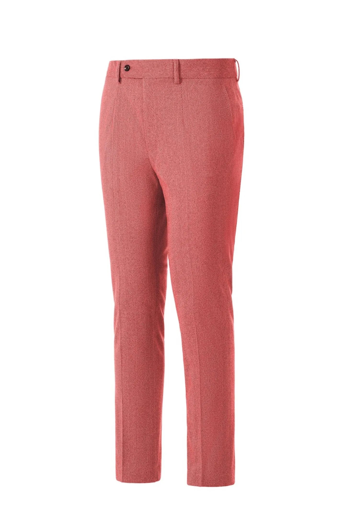 Side view of men's red herringbone business suit pants – showcasing the sleek tailored look of the 2-piece style