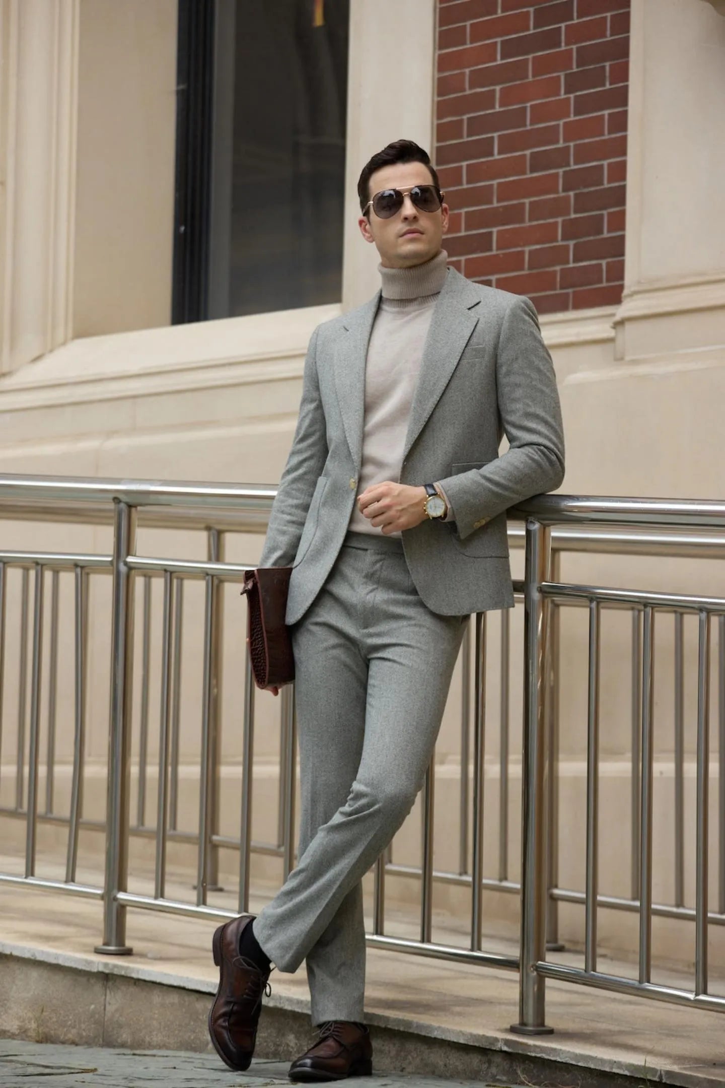 Relaxed front view of tea herringbone wool suit – two-piece men's business style with vintage flair