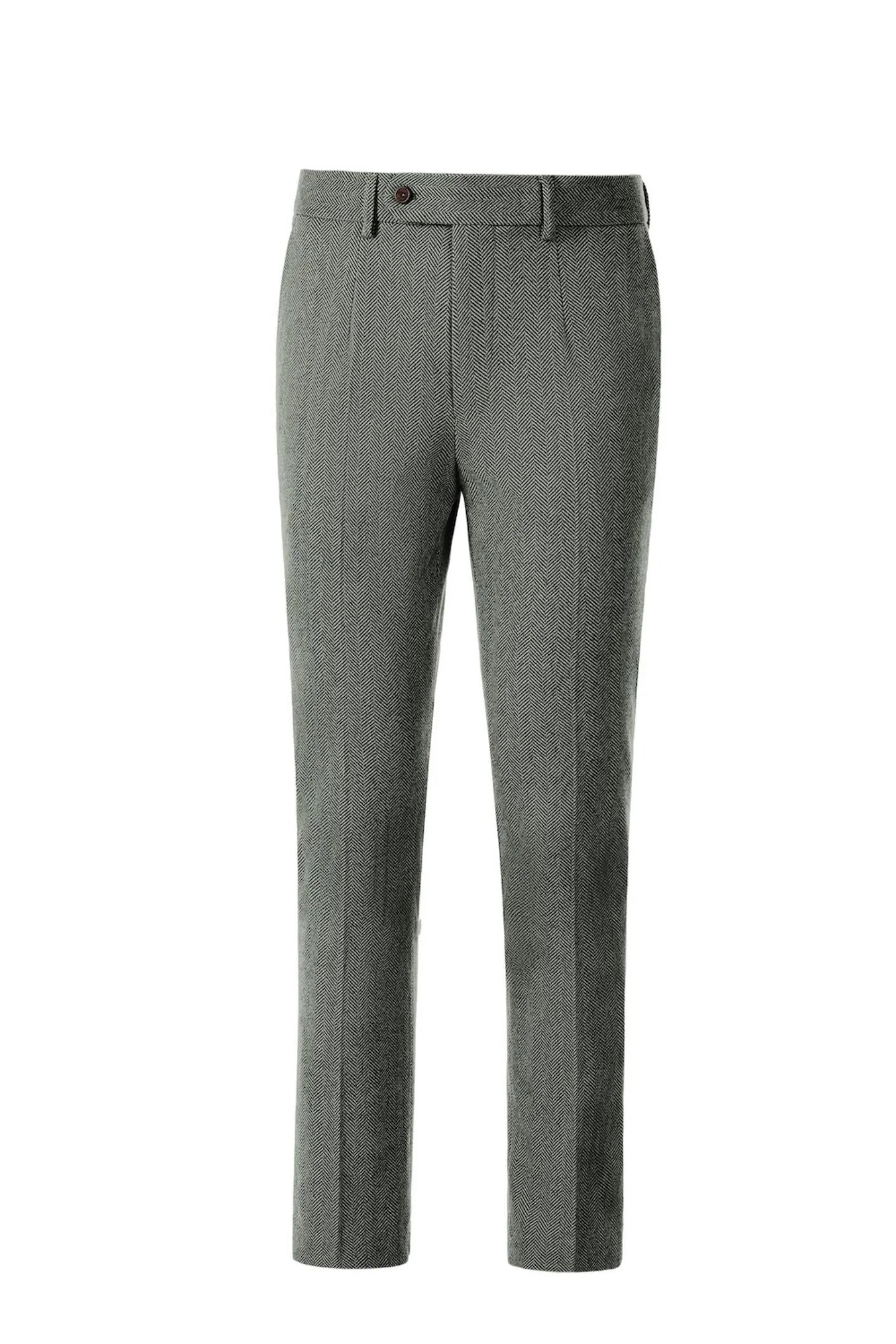 Front view of men's tea herringbone business suit pants – featuring a tailored, classic two-piece look
