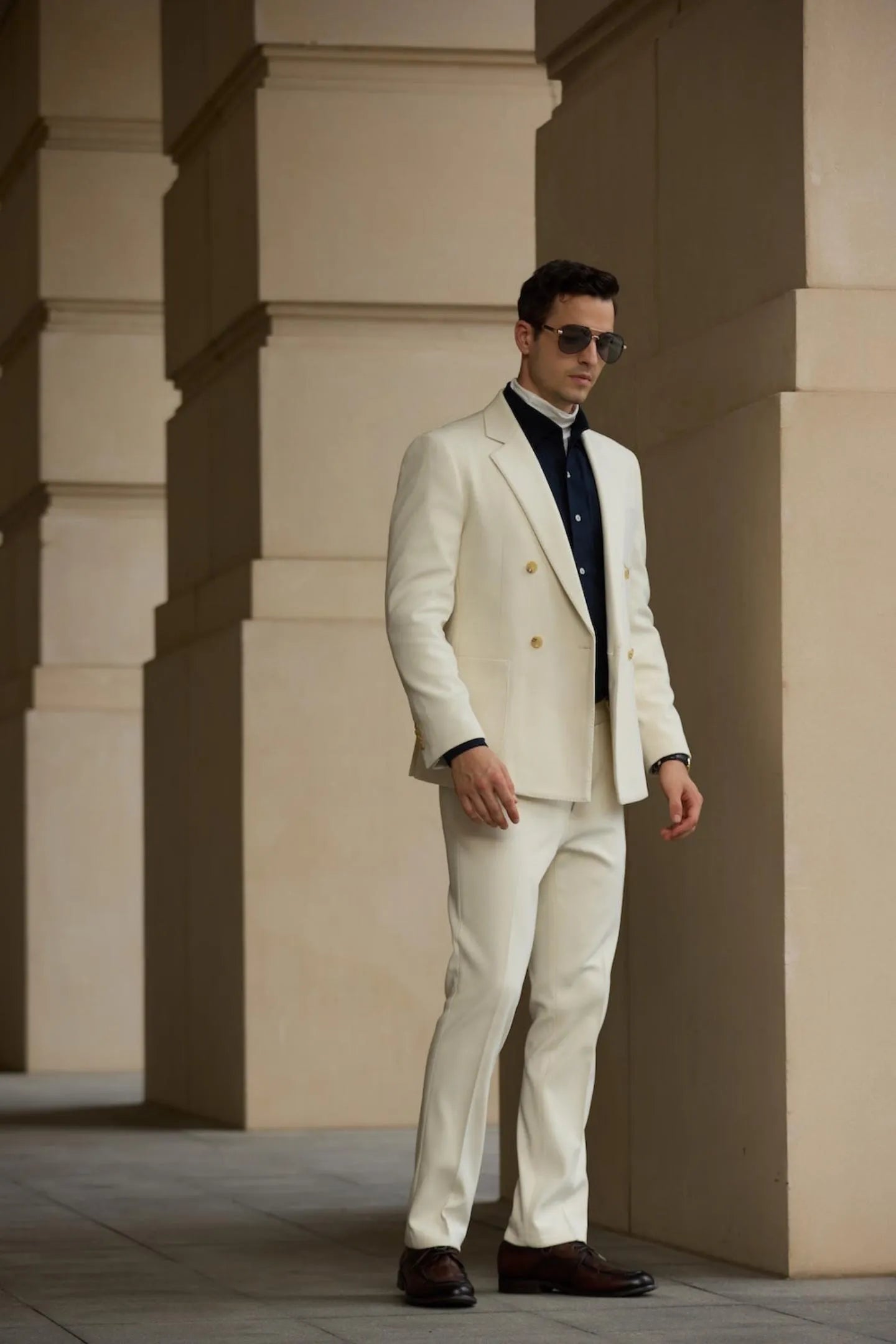 Elegant men's white herringbone tweed 2 piece wedding suit with gold button blazer and trousers