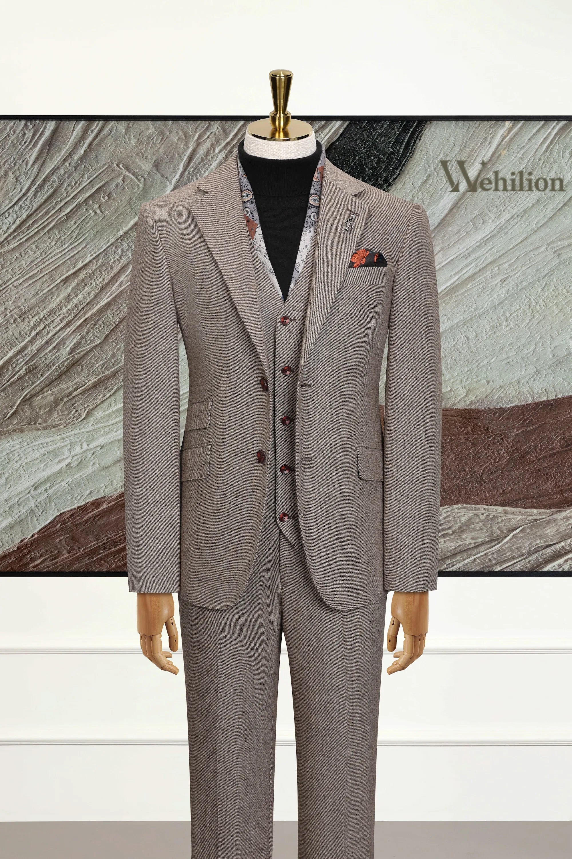 Men's Brown Wool Herringbone 3 Piece Suit