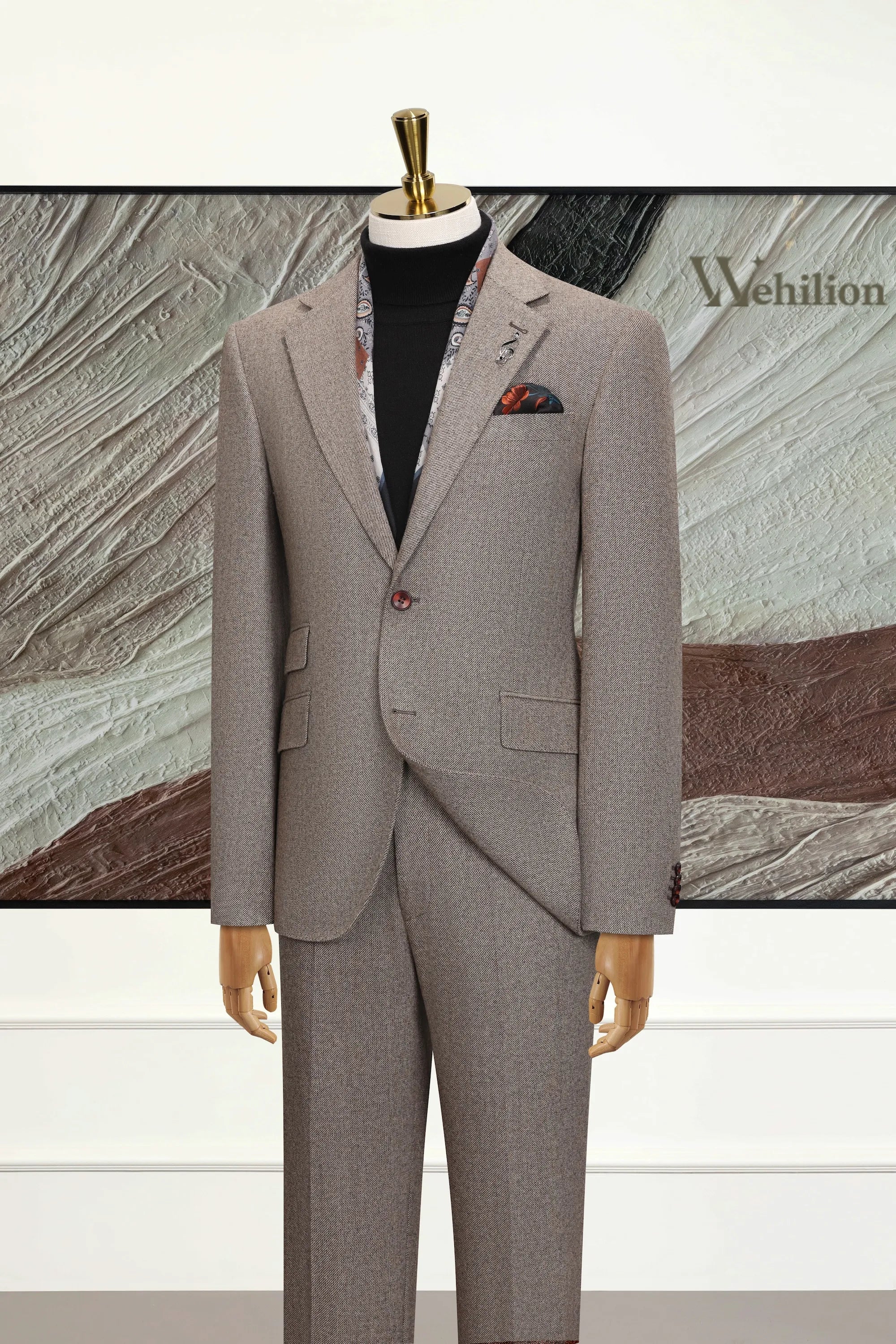 Men's Brown Wool Herringbone 3 Piece Suit