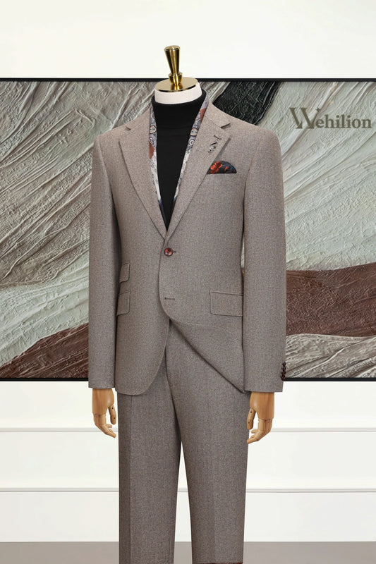 Men's Brown Wool Herringbone 3 Piece Suit