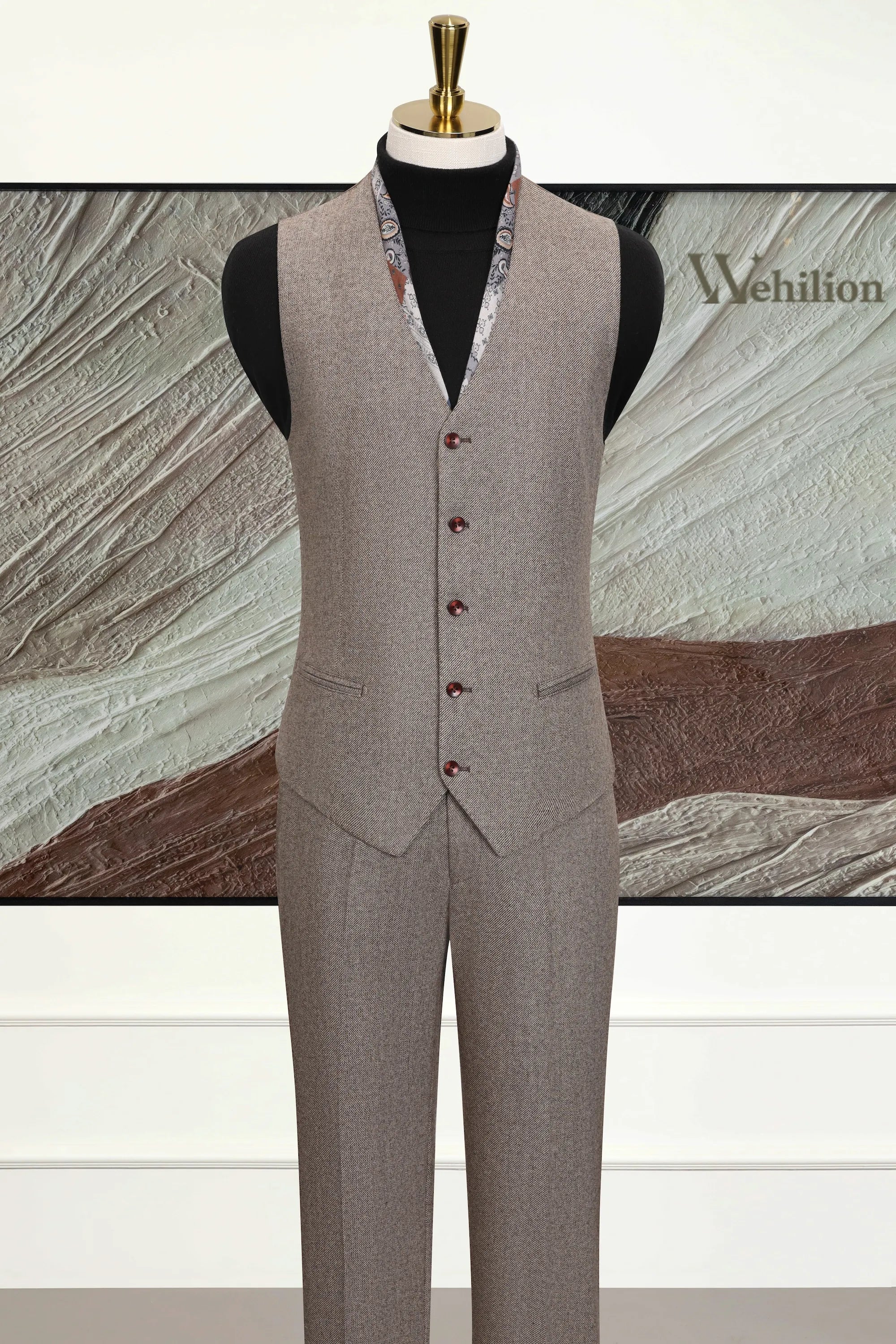 Men's Brown Wool Herringbone 3 Piece Suit