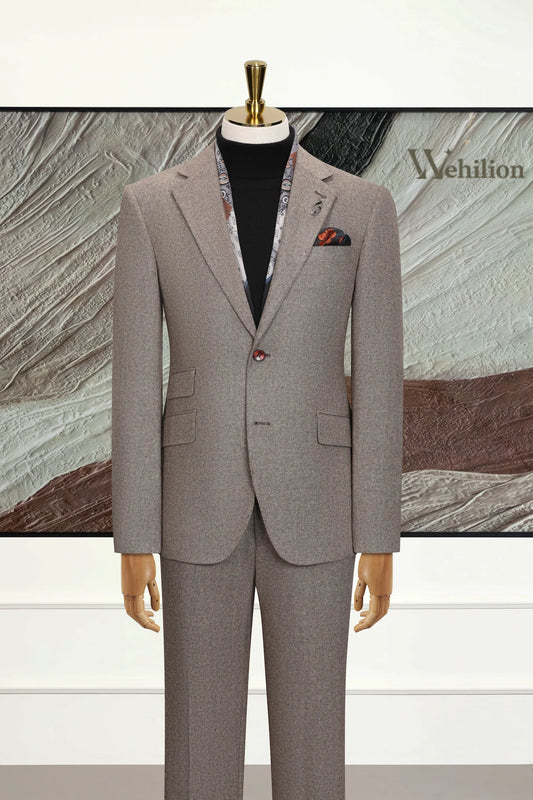 Men's Brown Wool Herringbone 3 Piece Suit