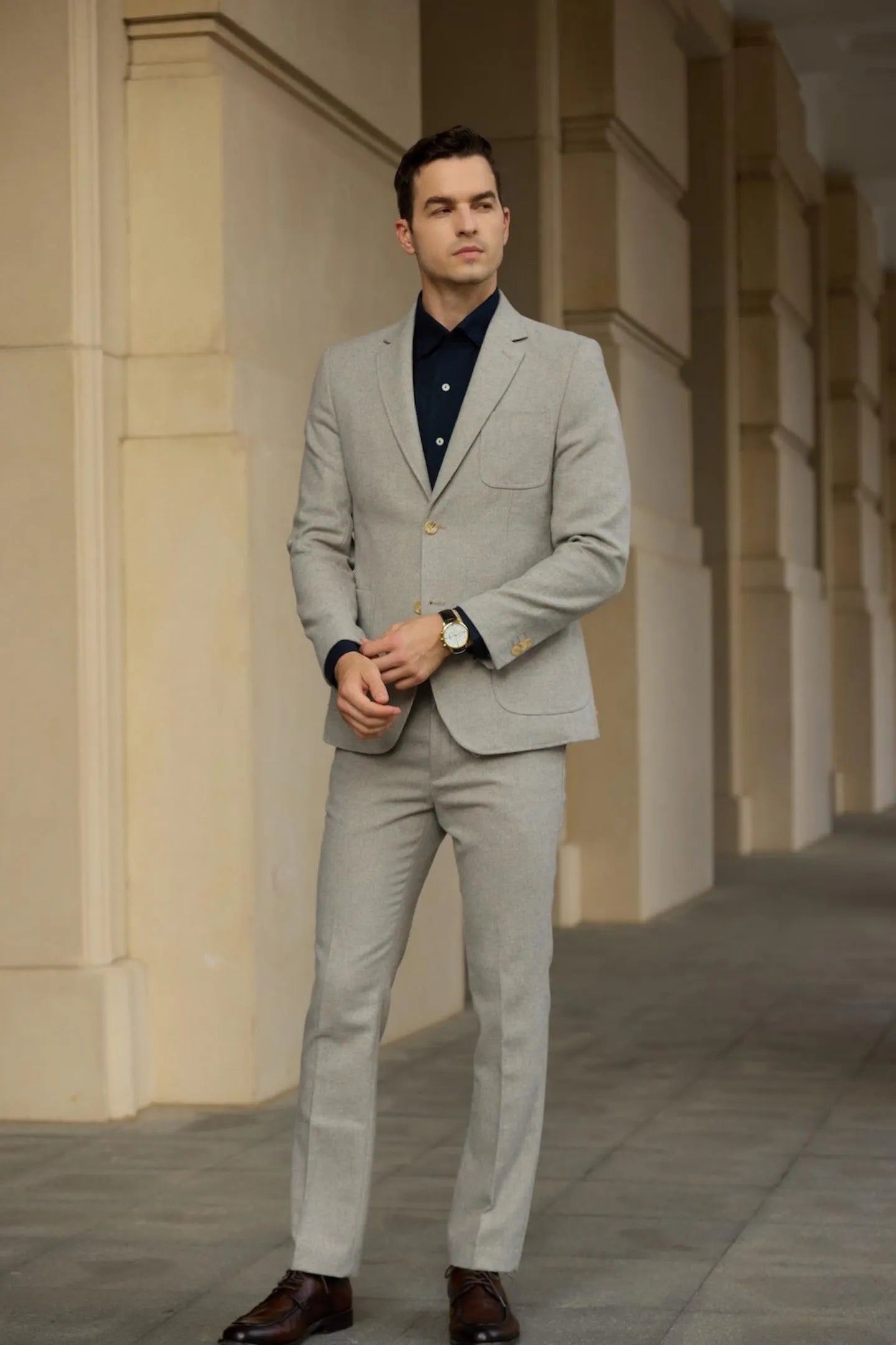 front view of grey wool herringbone 2 piece suit blazer – showcasing slim fit and business-ready winter style