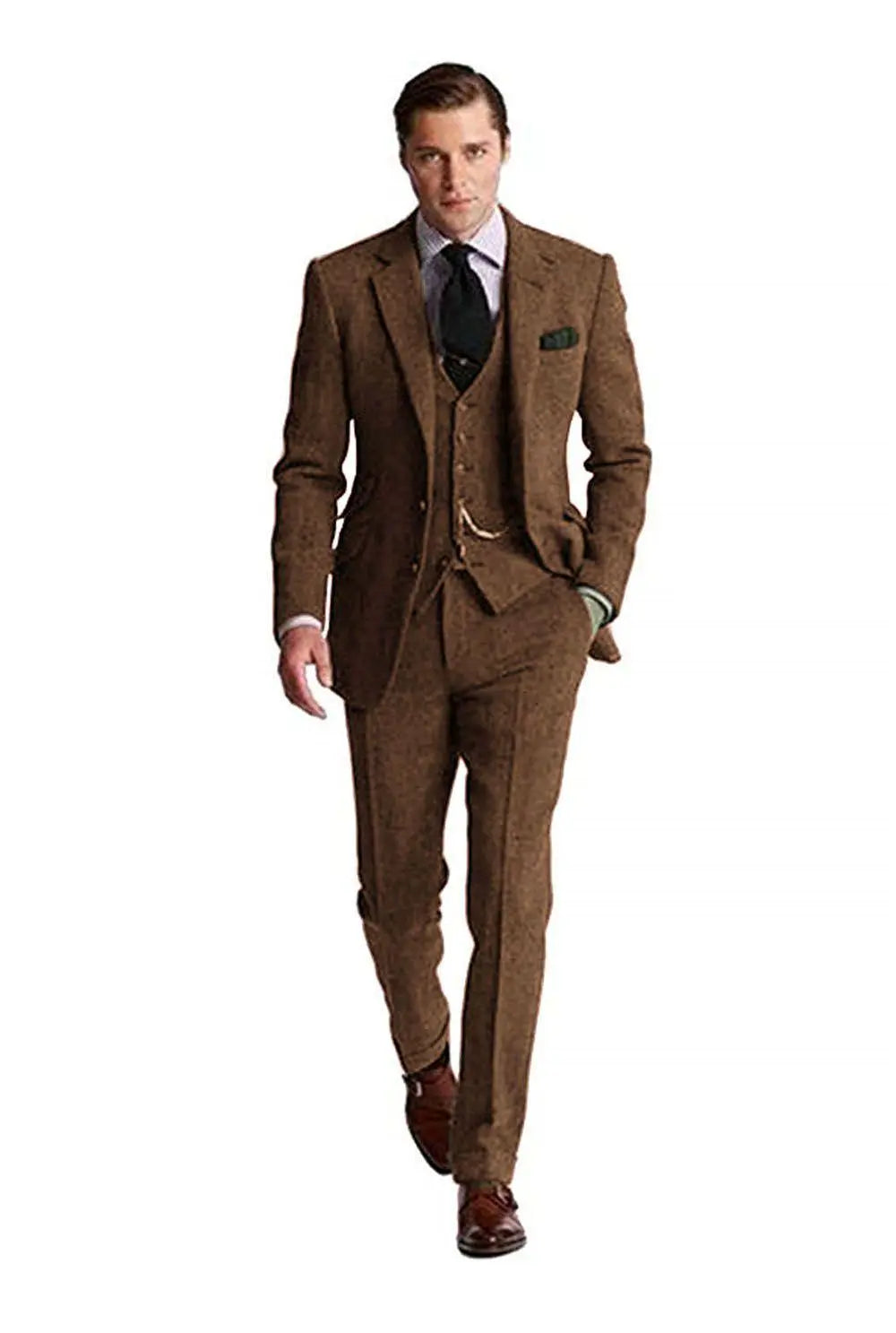 Man in a brown Slim Fit Herringbone 3-Piece Groom Suit, featuring a classic tuxedo design with a sharp blazer and waistcoat.