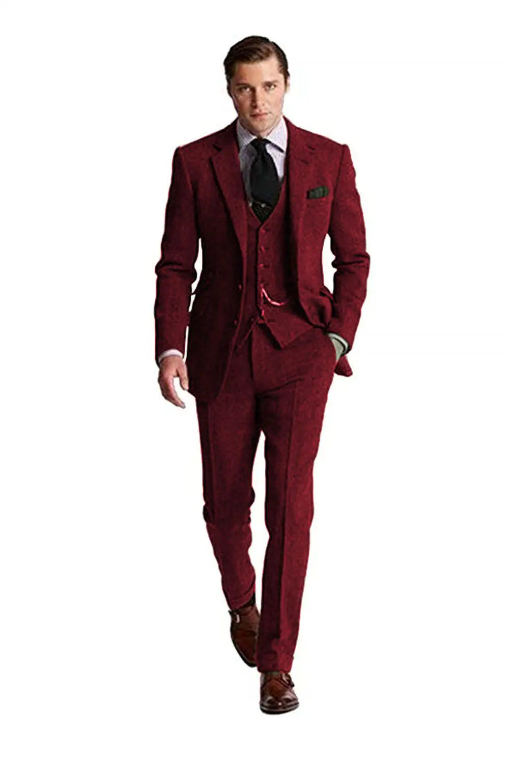 Man wearing a burgundy Slim Fit Herringbone 3-Piece Groom Suit, highlighting a sophisticated retro tuxedo style.