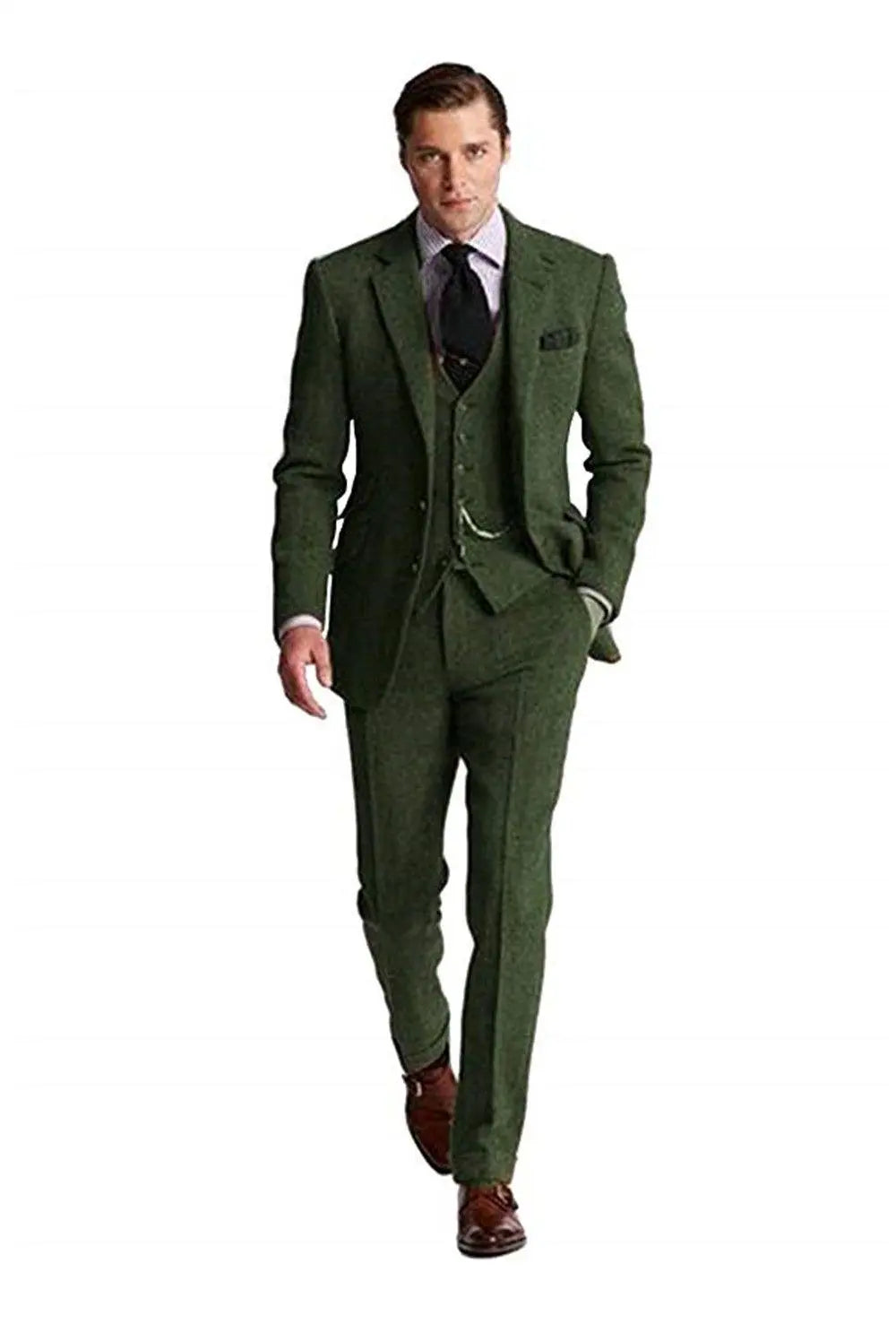 Man in a green Slim Fit Herringbone 3-Piece Groom Suit, exuding vintage charm with a tailored tuxedo look.