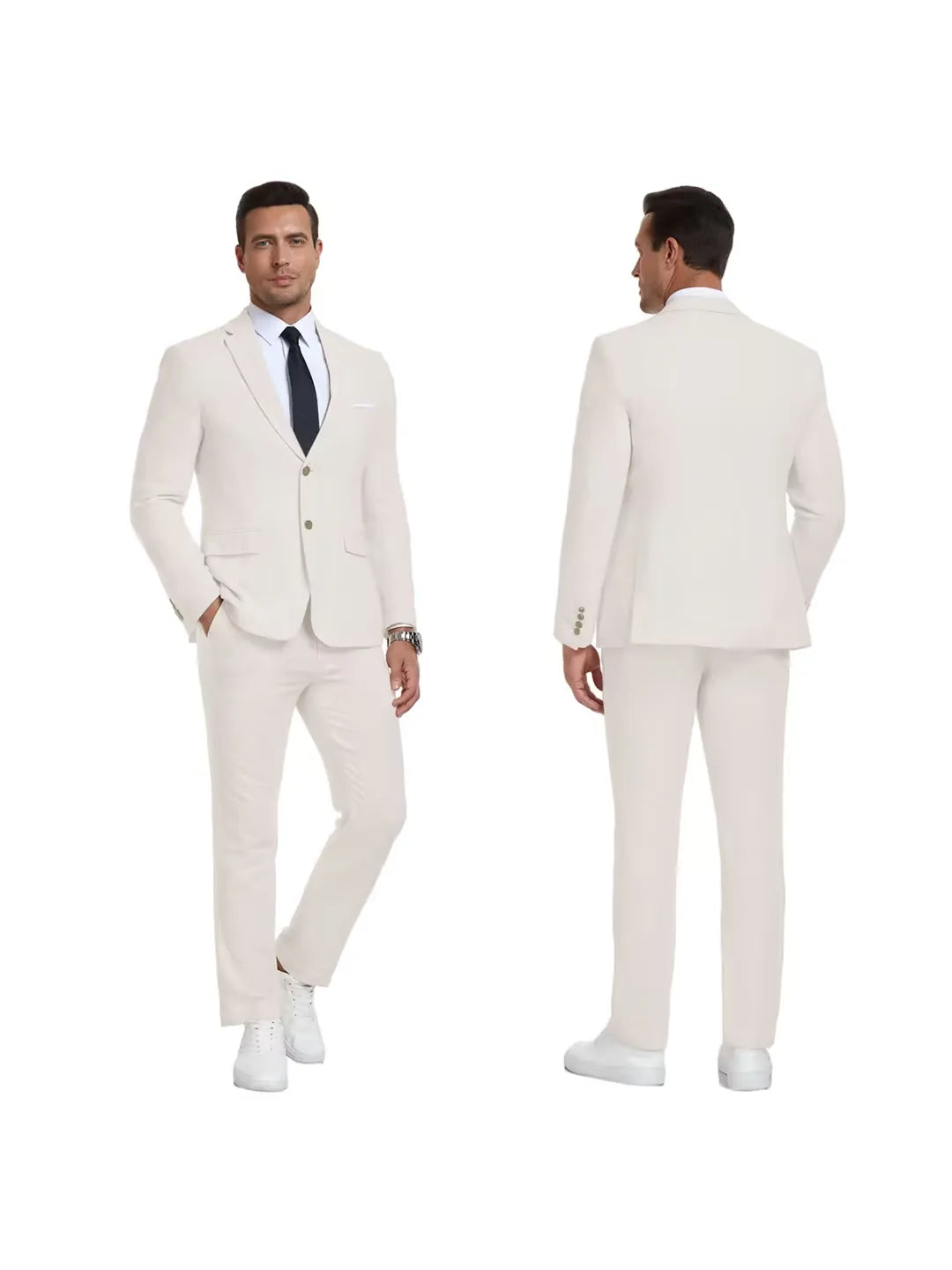 Men’s Beige Linen Suit Front and Back View – 2 Piece Casual Beach Tux – Wehilion® ™