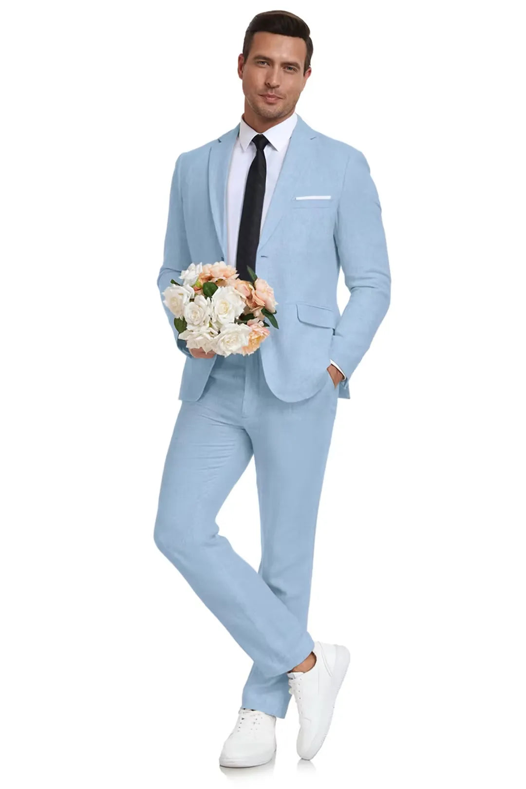 Light blue linen wedding suit for men with boutonnière – perfect for beach ceremonies