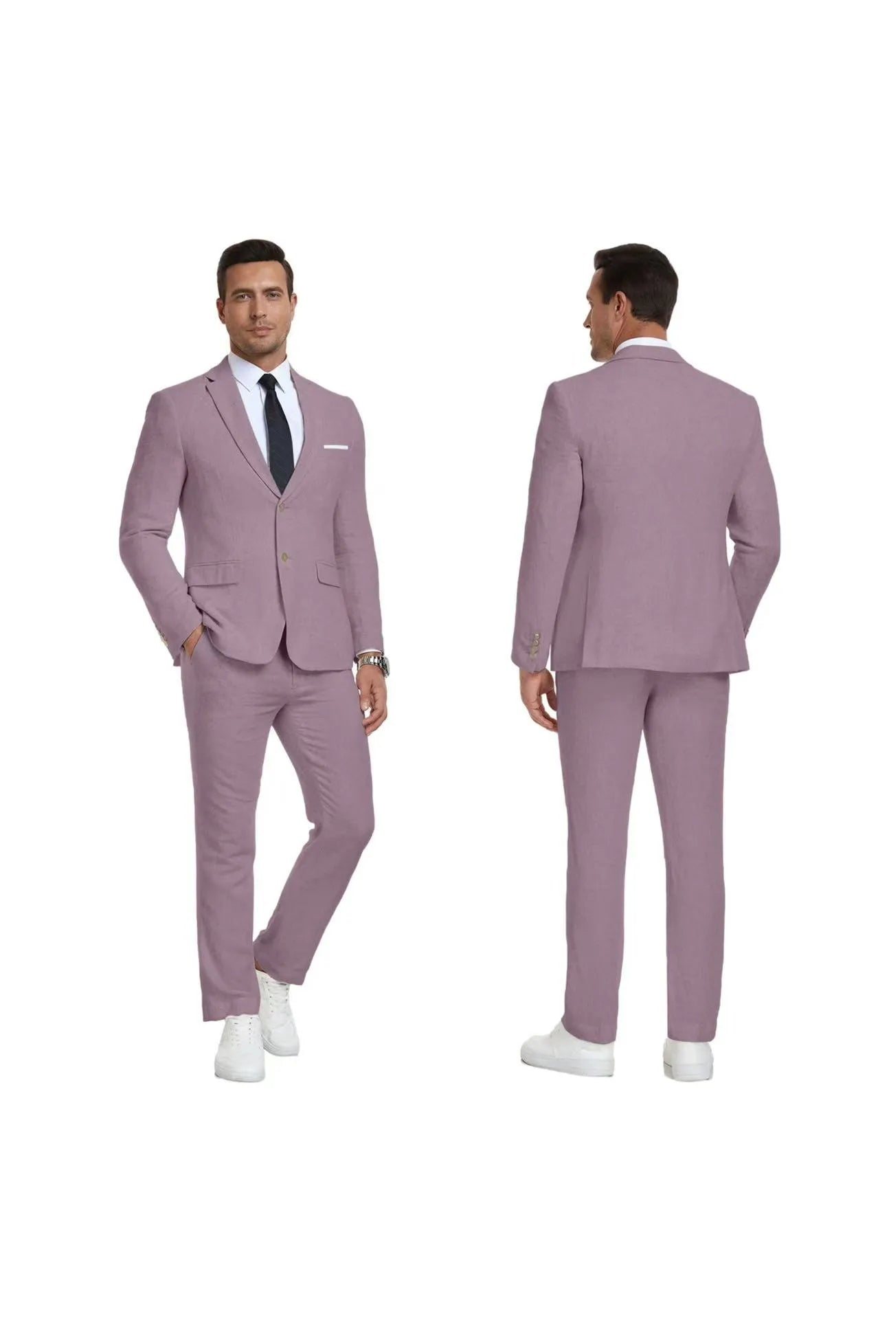 Purple two-piece men’s linen suit shown front and back – perfect for summer occasions