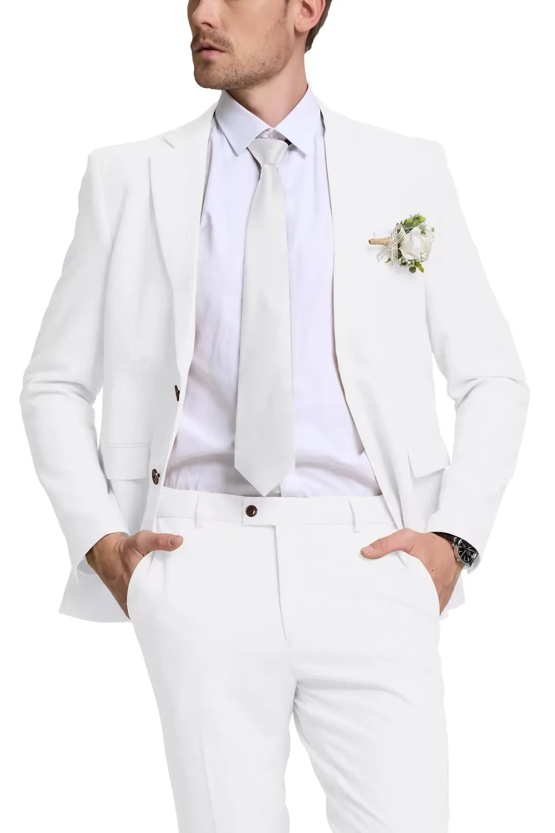 White Linen Slim Fit Wedding Suit for Men – 2 Piece Lightweight Tuxedo with Boutonniere – Wehilion® ™