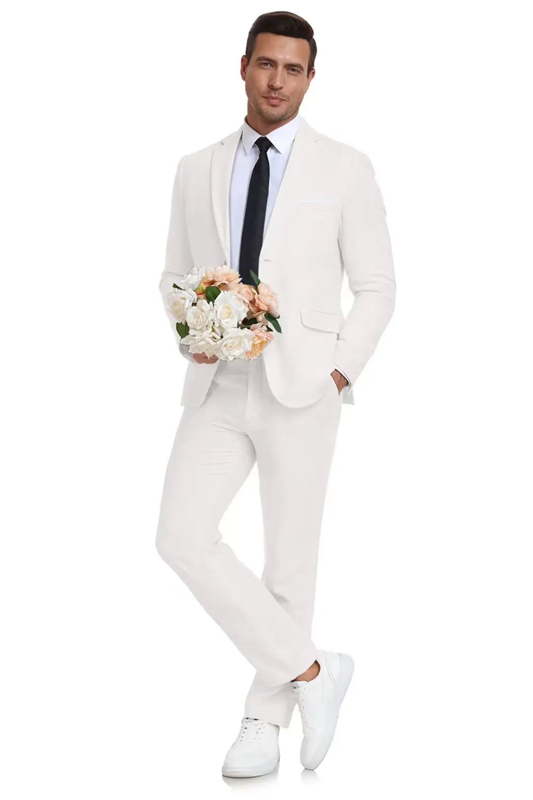 White Linen Suit for Beach Wedding – Slim Fit Men’s Summer Blazer and Pants Look with Floral Detail – Wehilion® ™