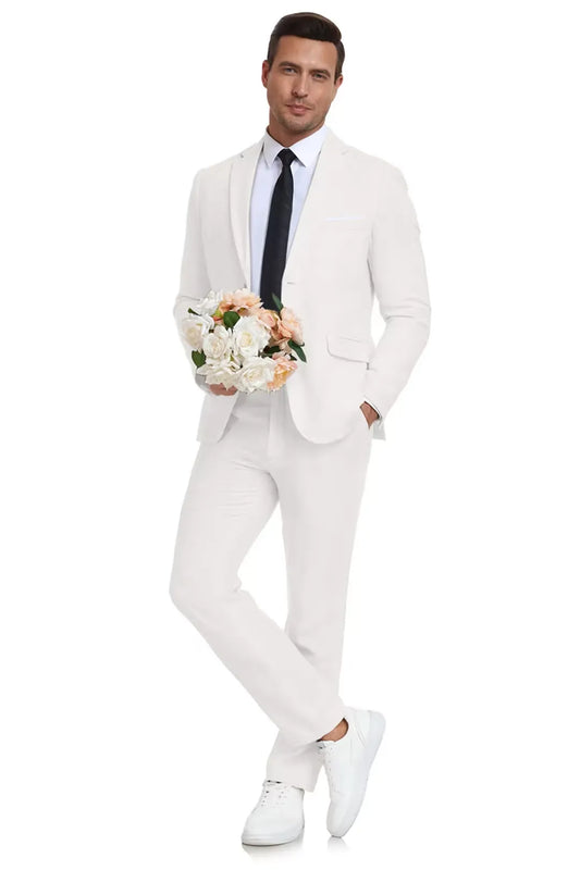 White Linen Suit for Beach Wedding – Slim Fit Men’s Summer Blazer and Pants Look with Floral Detail – Wehilion® ™