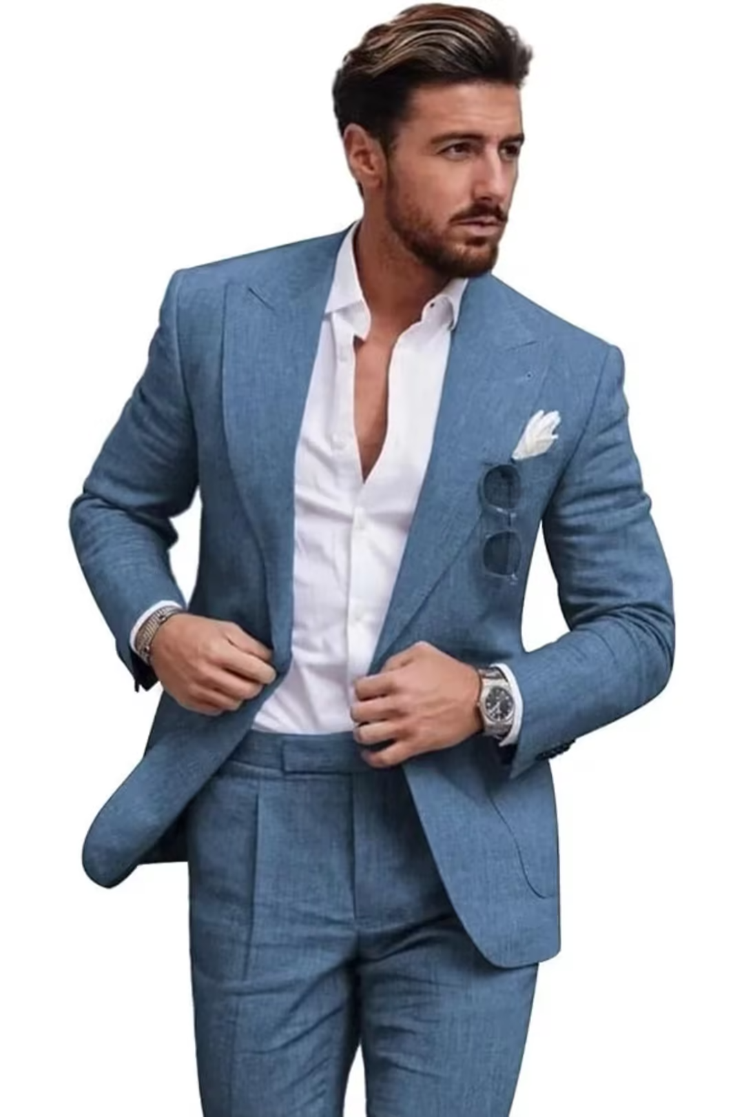 Men's Linen Peaked Lapel 2 Piece Suit