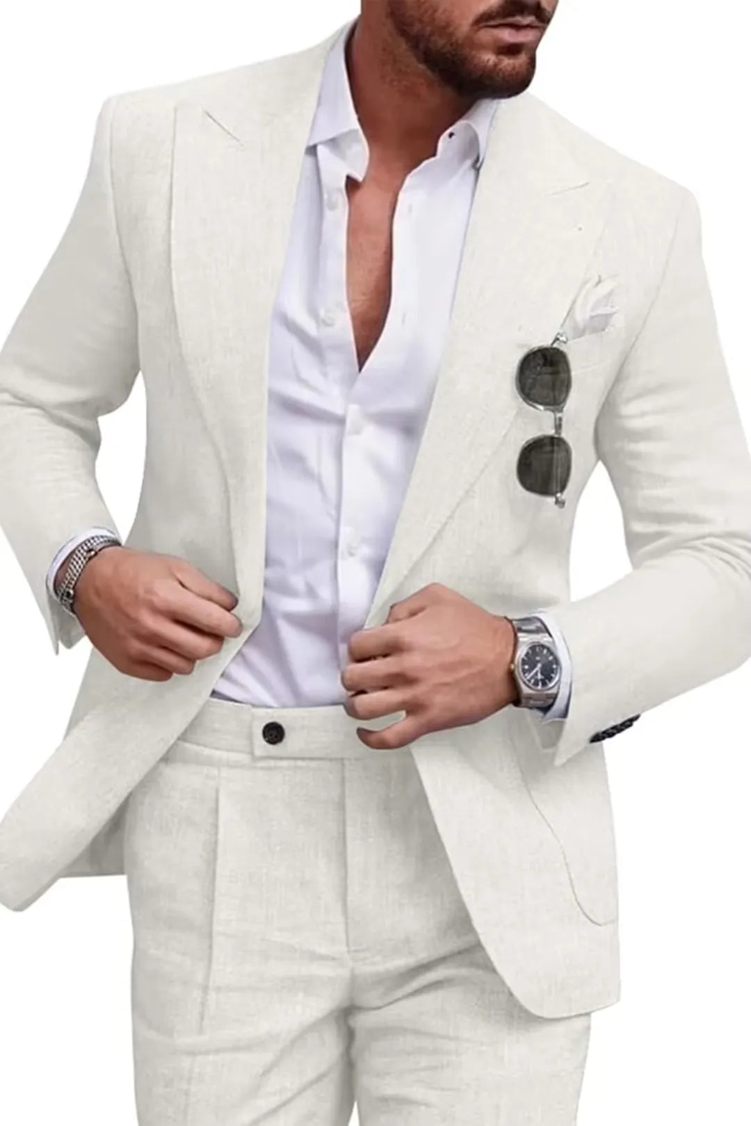 Close-up of men's ivory linen slim fit suit jacket with peaked lapel.