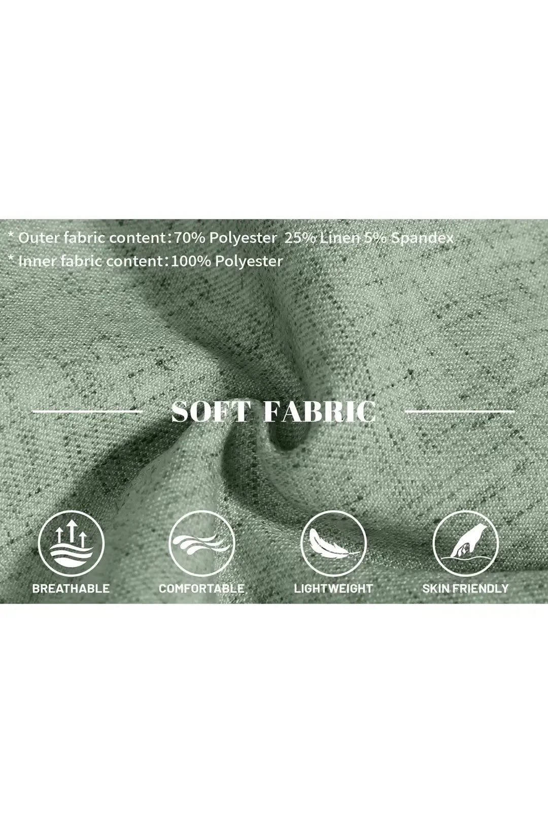 Fabric detail of breathable light green linen from men's slim fit 2 piece summer suit.