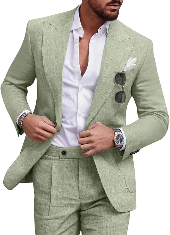 Man wearing light green slim fit linen 2 piece summer suit with peaked lapel blazer, styled with shirt for weddings or summer occasions.