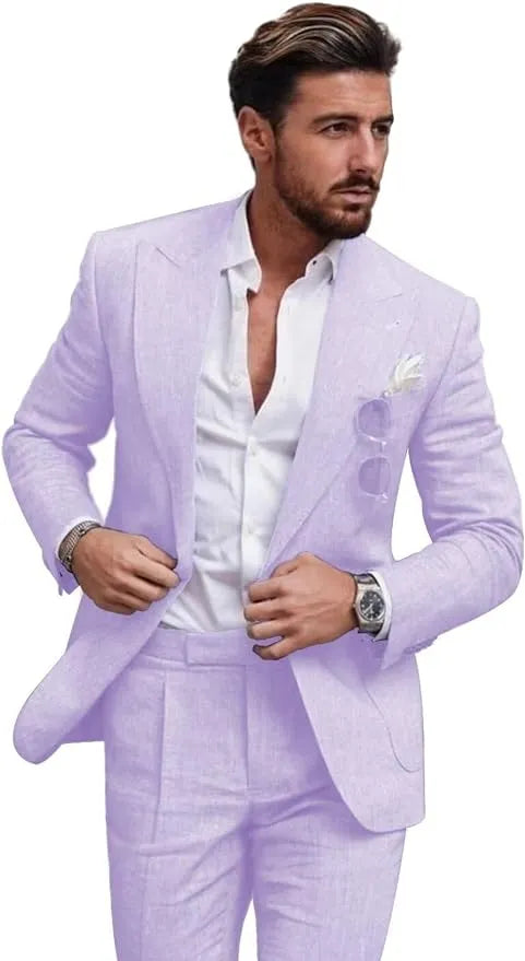 Close-up of men's light purple linen slim fit 2 piece suit with peaked lapel jacket and trousers, styled with shirt for summer weddings.