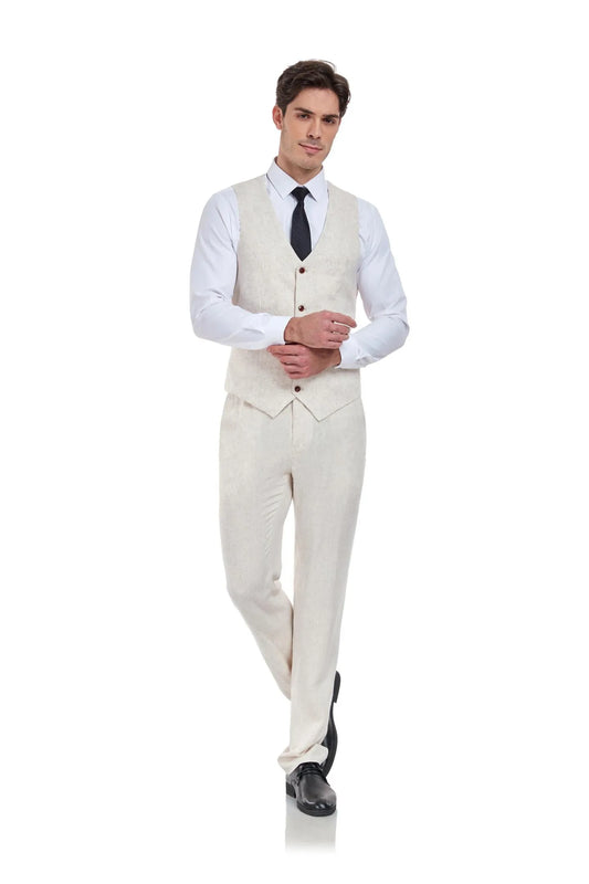 Side angle of men’s beige linen vest and pants set – slim fit lightweight summer suit
