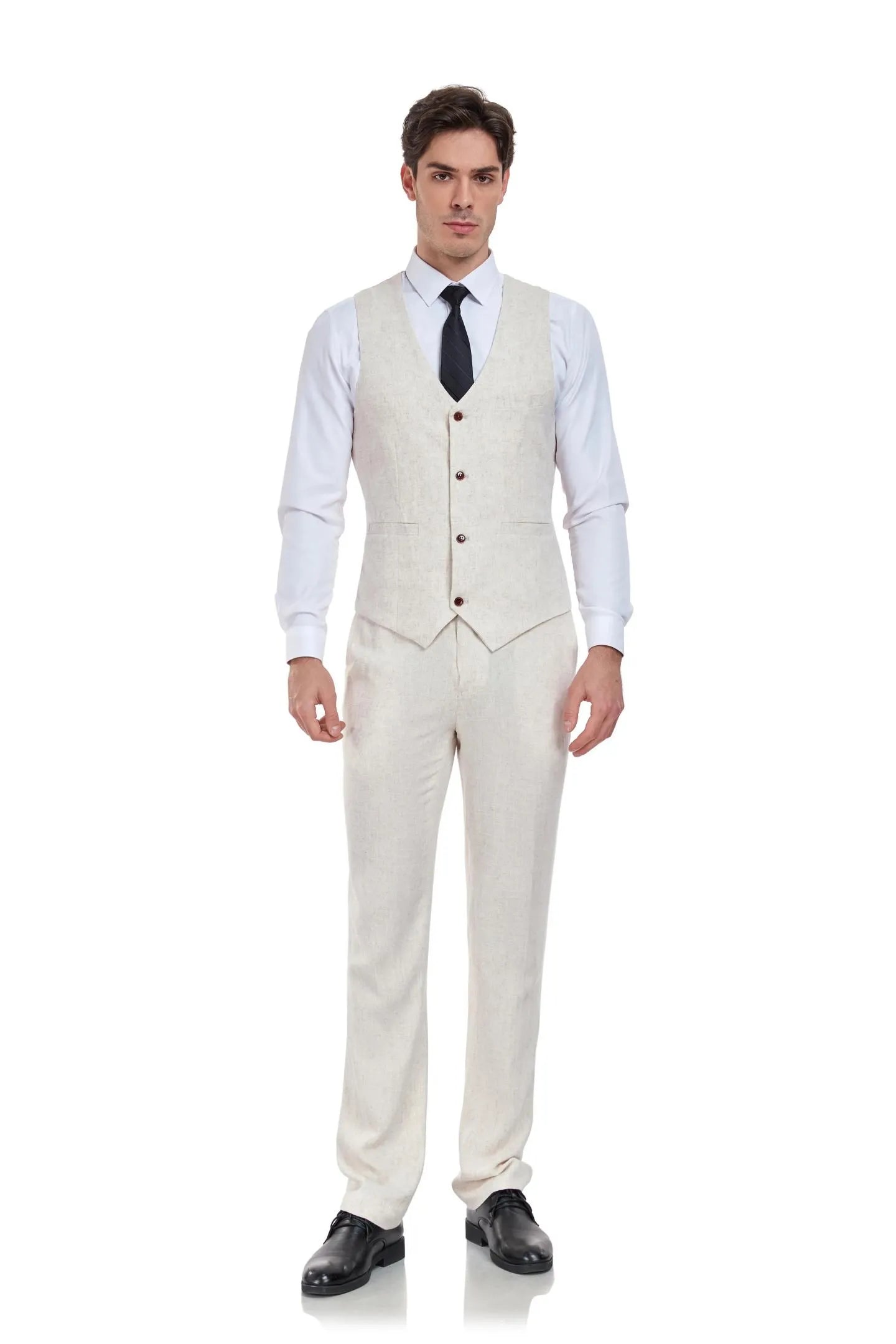 Front view of men’s beige linen 2 piece suit with V-neck vest and slim fit trousers – summer wedding outfit