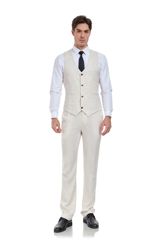 Front view of men’s beige linen 2 piece suit with V-neck vest and slim fit trousers – summer wedding outfit