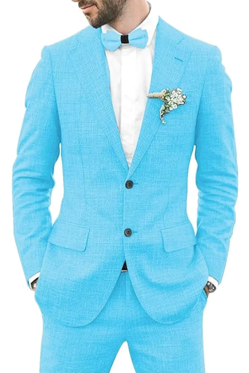 aqua blue men's linen 2 piece slim fit suit with peaked lapel blazer and shorts, front view summer outfit