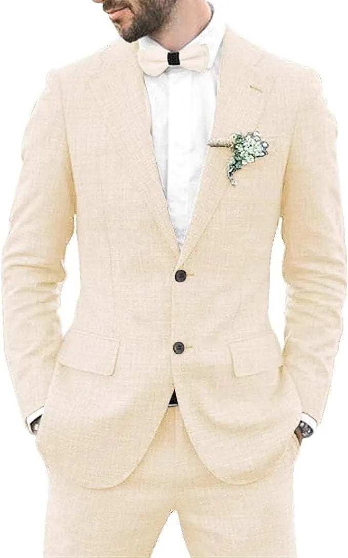 men's linen 2 piece slim fit suit in champagne with blazer and shorts, styled for elegant summer wedding