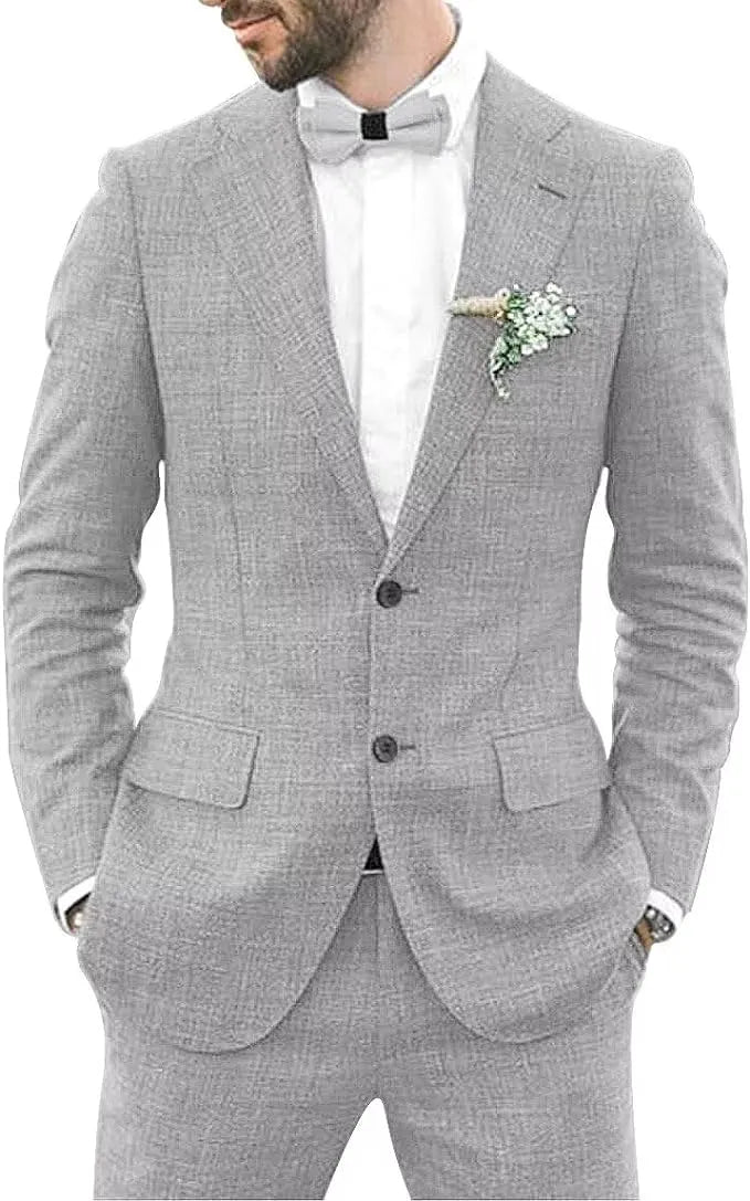 men's linen 2 piece slim fit suit in silver grey with shorts, styled with light texture for summer weddings