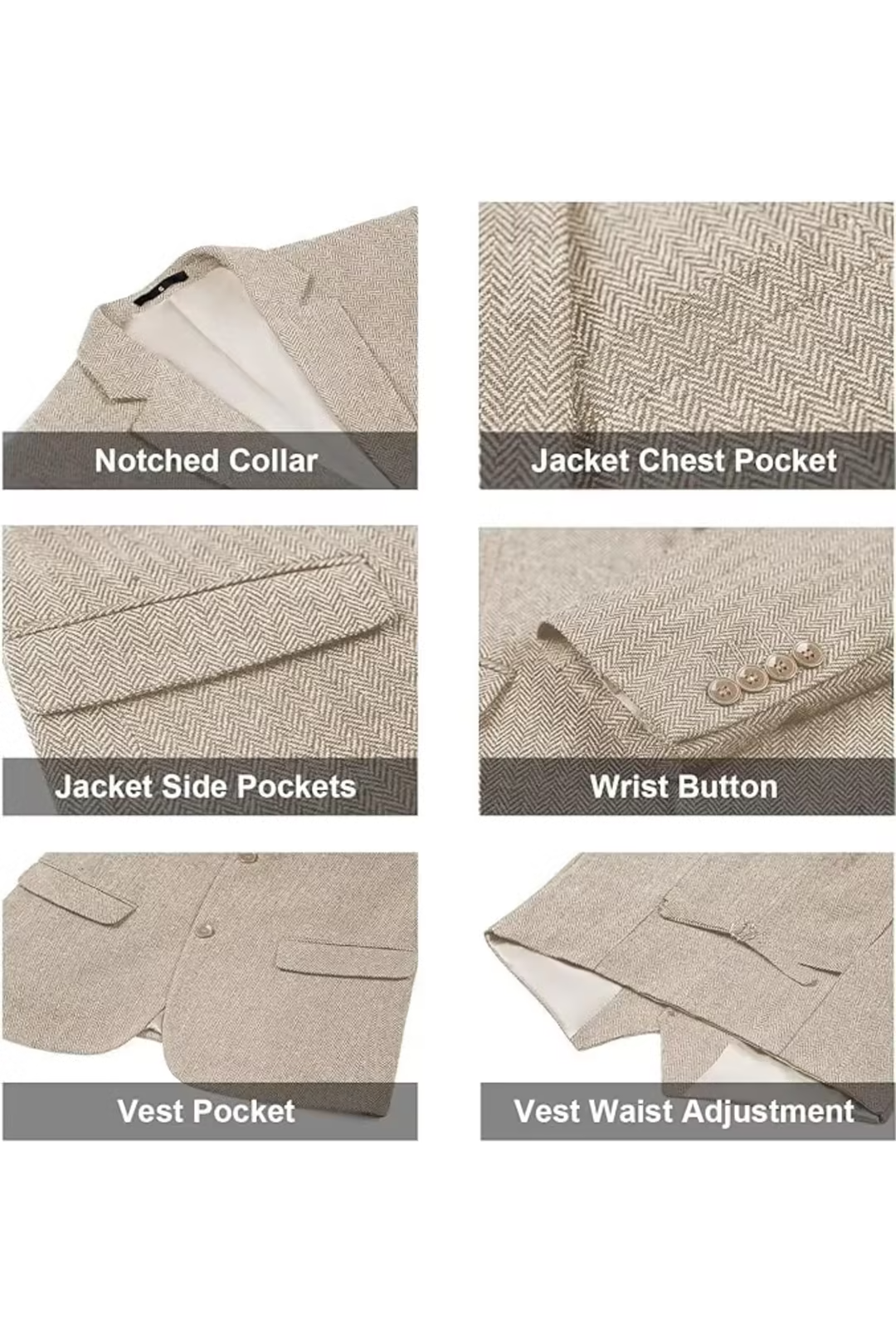 Notch lapel and chest pocket details on beige herringbone tweed blazer – close-up elements
