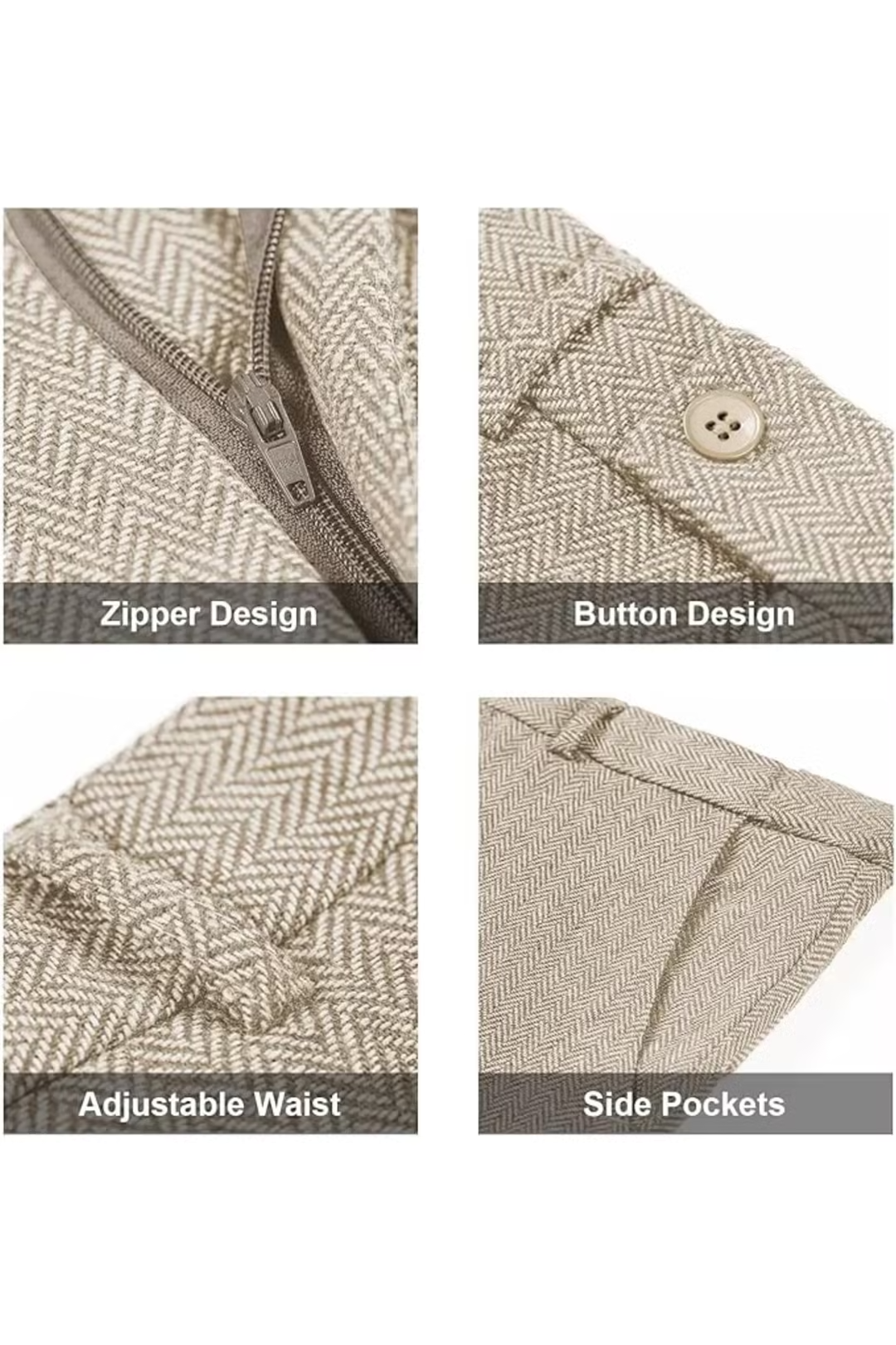 Zipper, buttons, and side pockets on beige herringbone suit pants – tailored detail shots