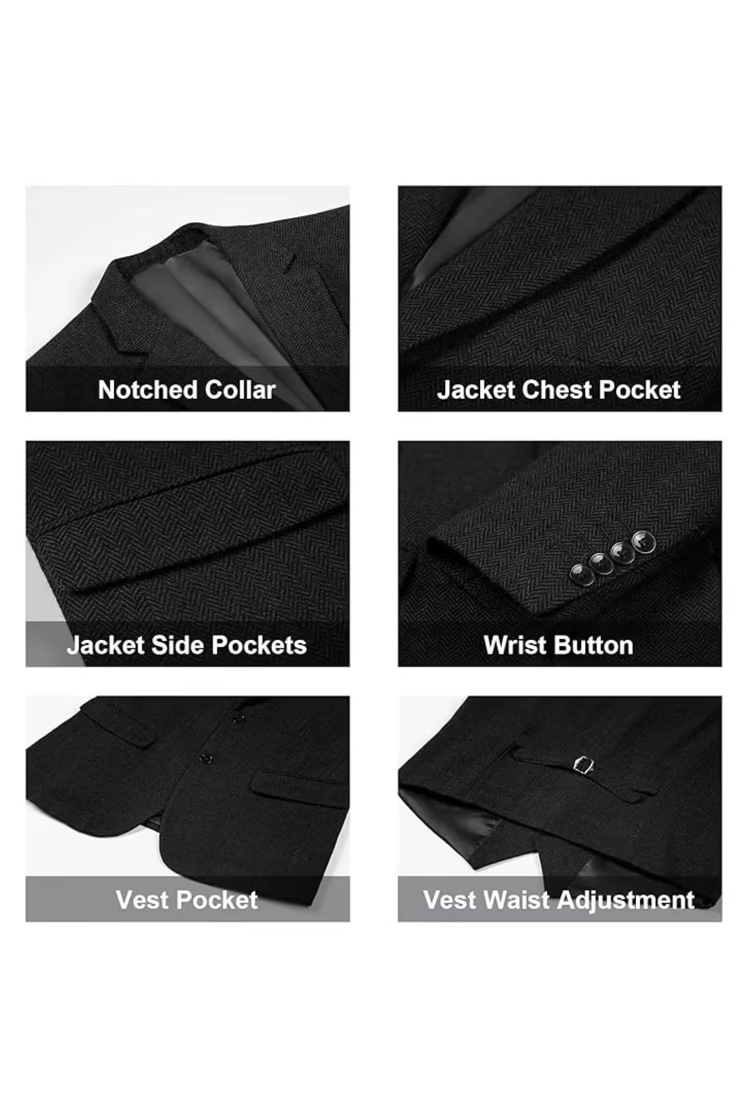 notch lapel and chest pocket details on black herringbone tweed blazer – close-up elements