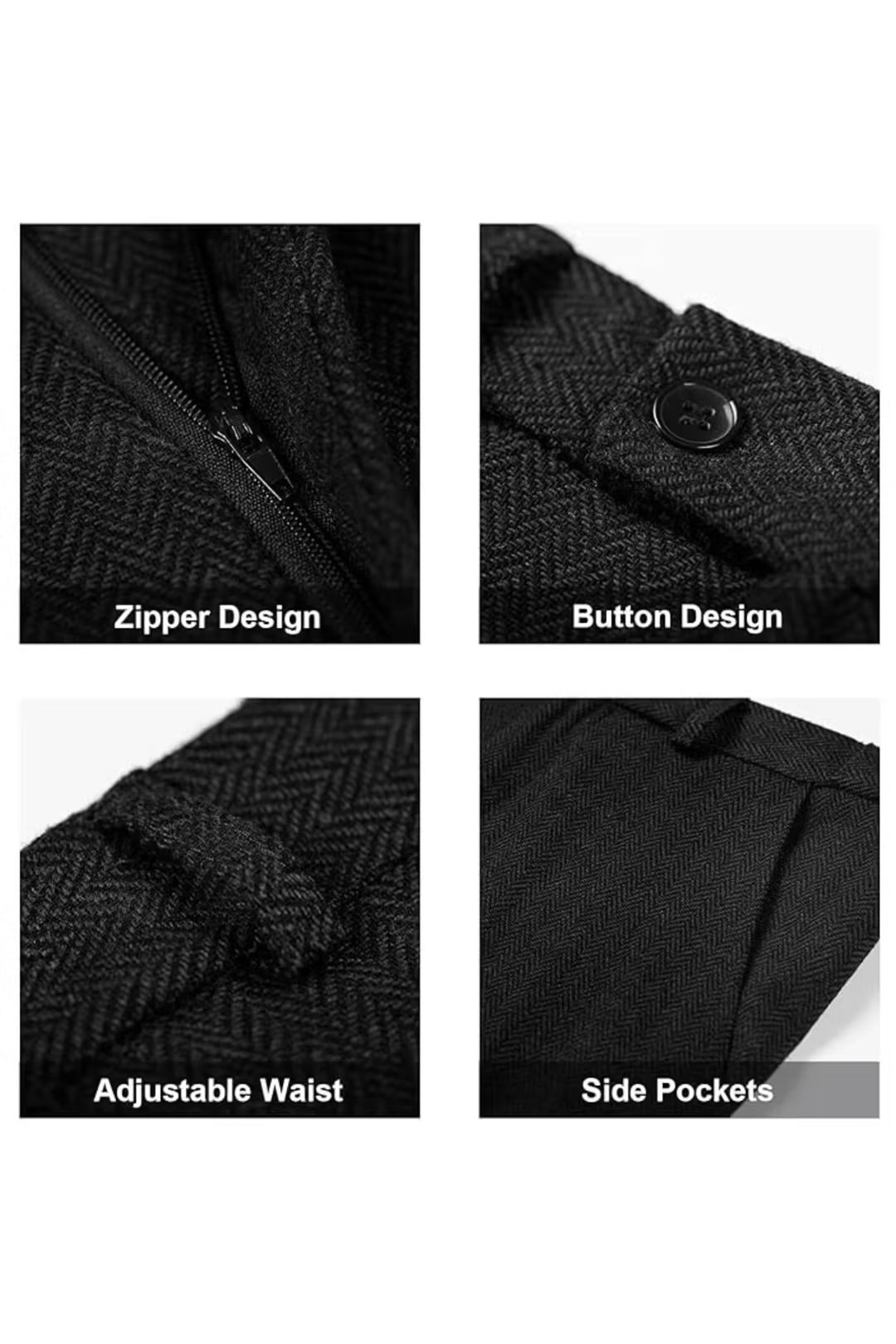 zipper, buttons, and side pockets on black herringbone suit pants – tailored detail shots