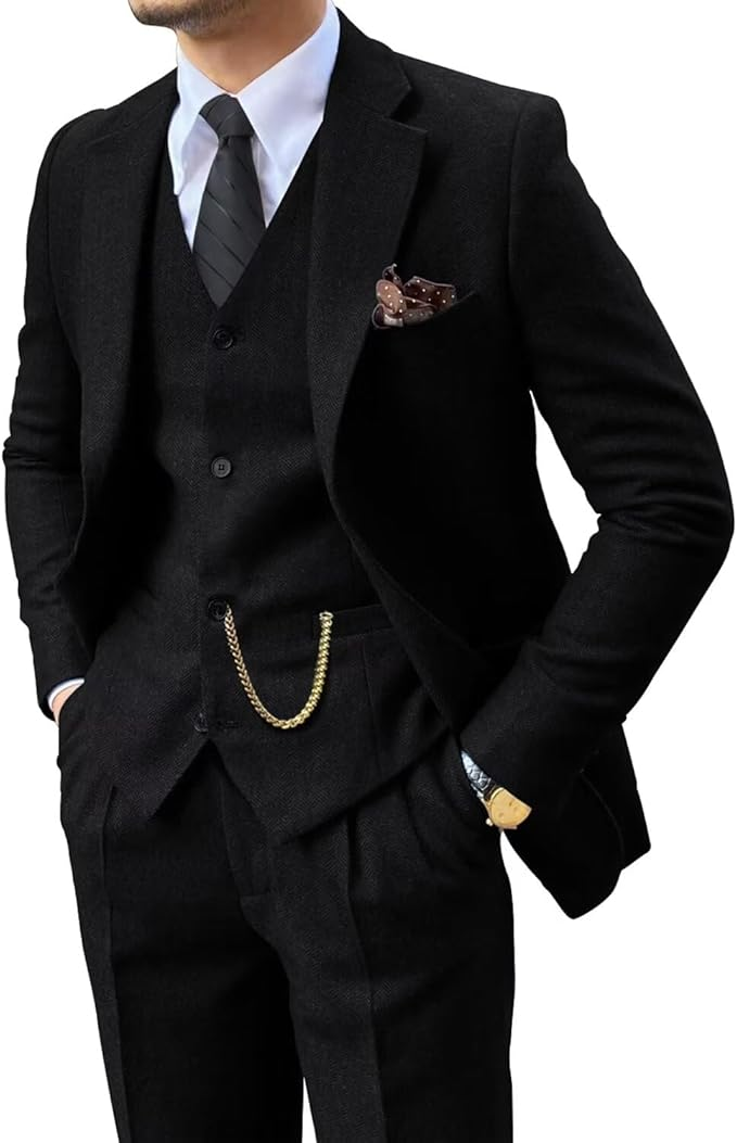 front view of black herringbone tweed 3 piece suit with notch lapel and vest for men