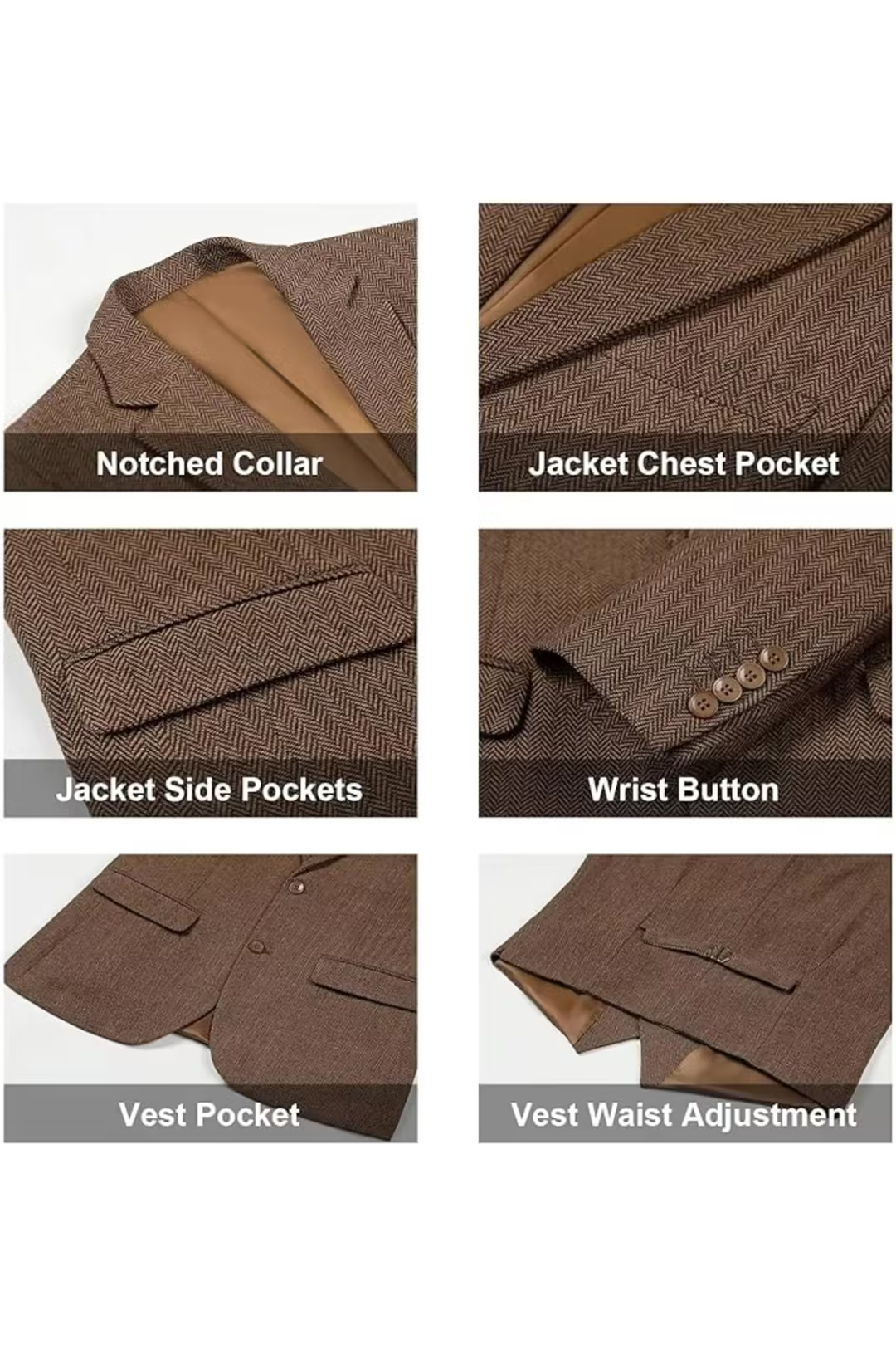 notch lapel and chest pocket details on brown herringbone tweed blazer – close-up elements