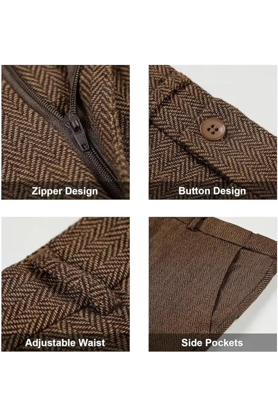 zipper, buttons, and side pockets on brown herringbone suit pants – tailored detail shots