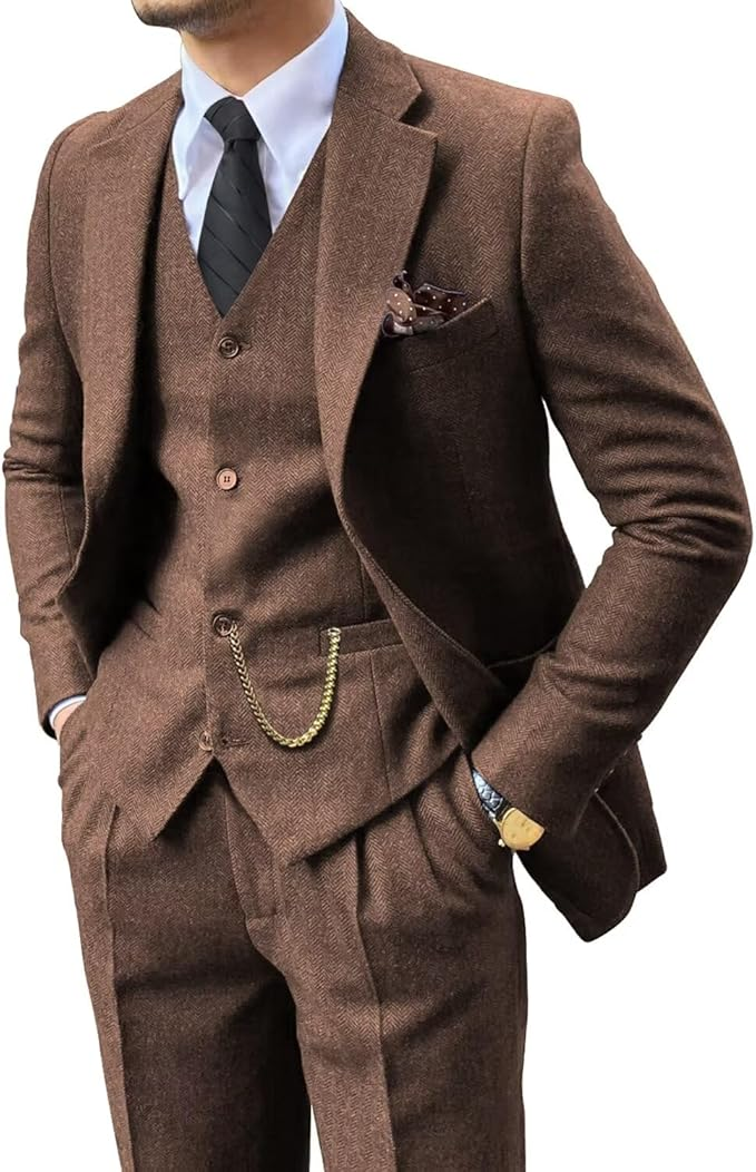 front view of brown herringbone tweed 3 piece suit with notch lapel and vest for men