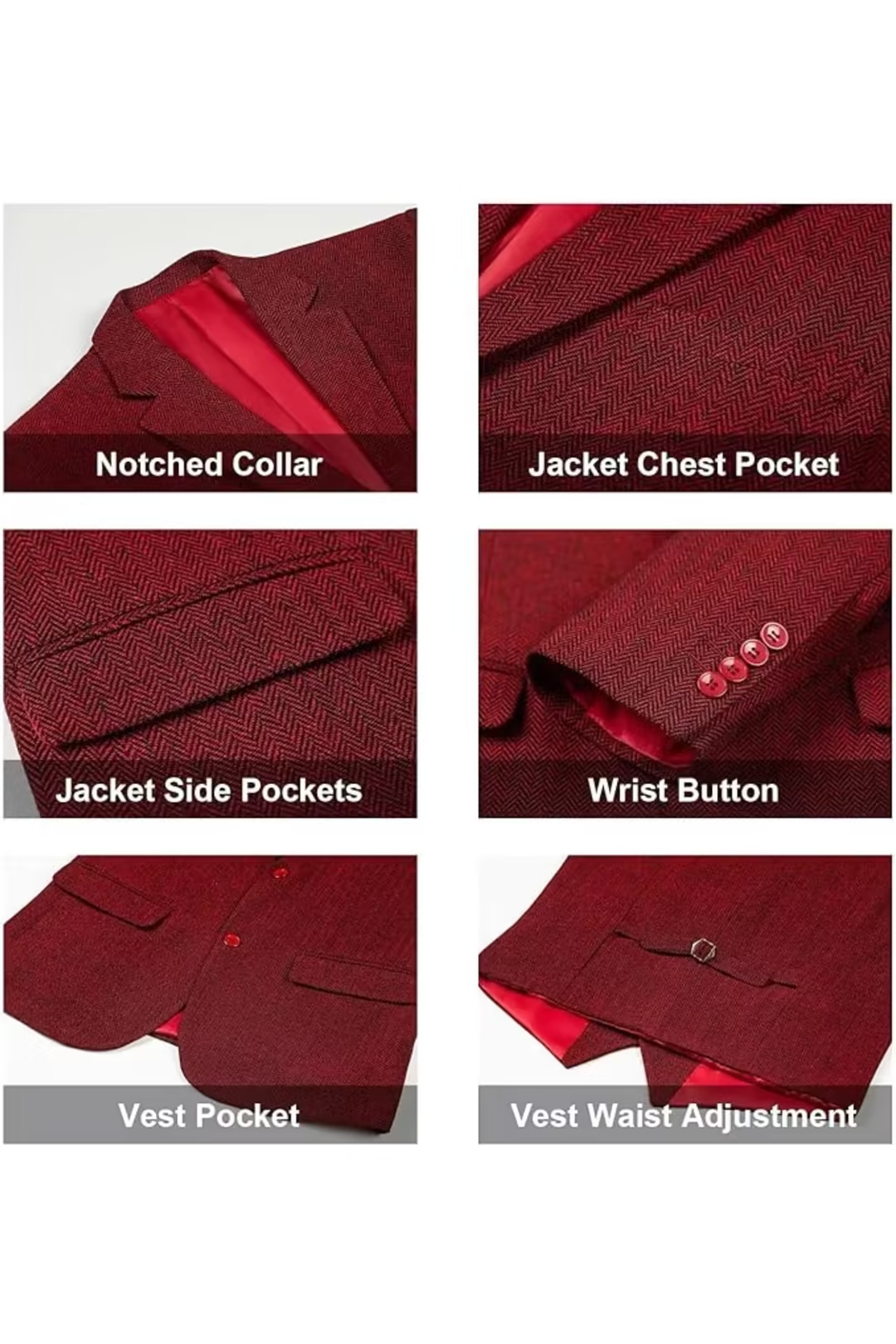 notch lapel and chest pocket details on burgundy herringbone tweed blazer – close-up elements