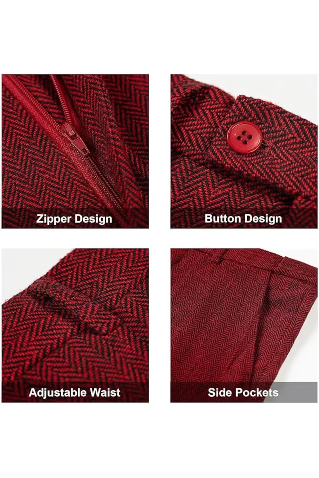 zipper, buttons, and side pockets on burgundy herringbone suit pants – tailored detail shots