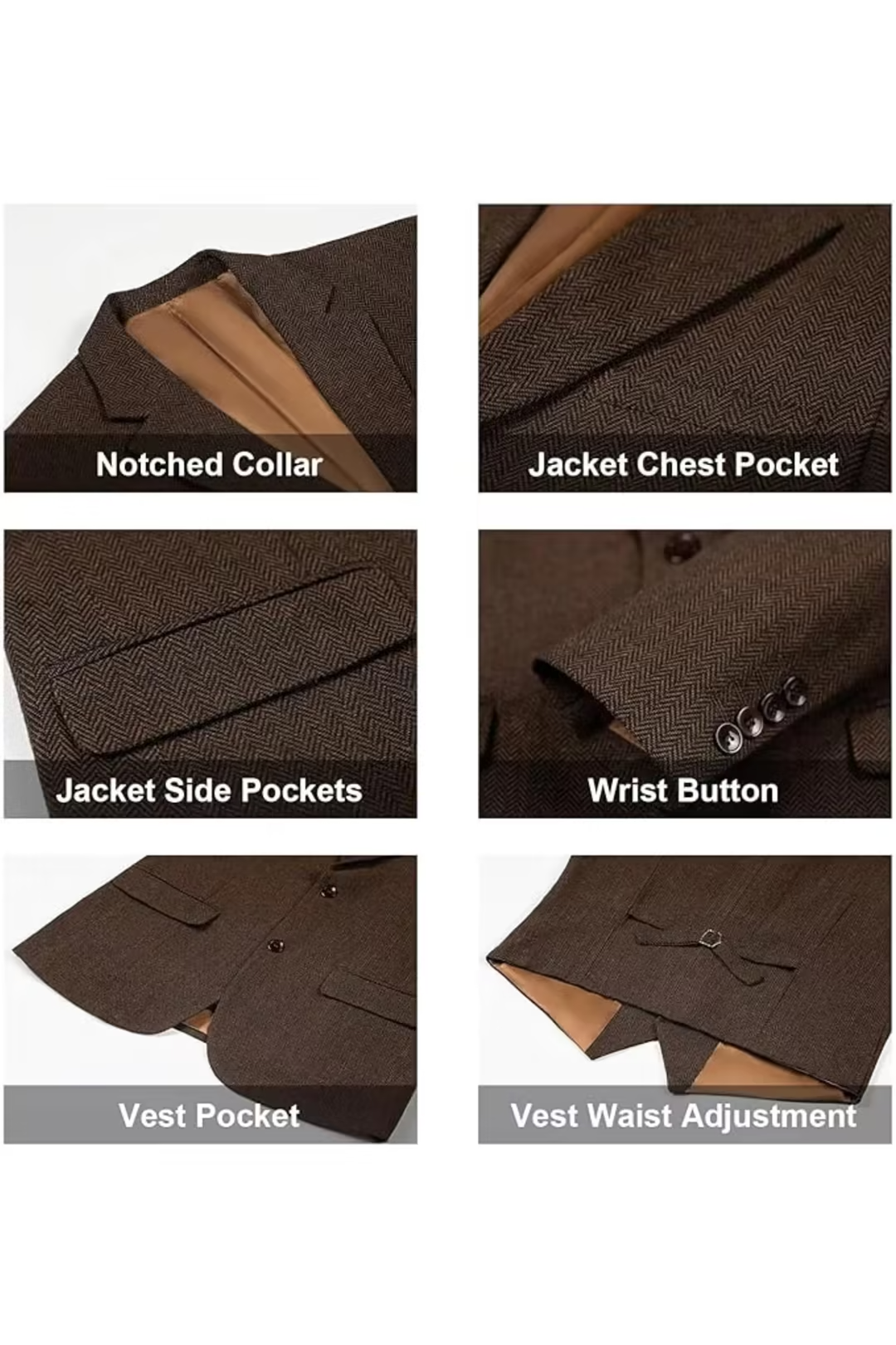 notch lapel and chest pocket details on dark brown herringbone tweed blazer – close-up elements